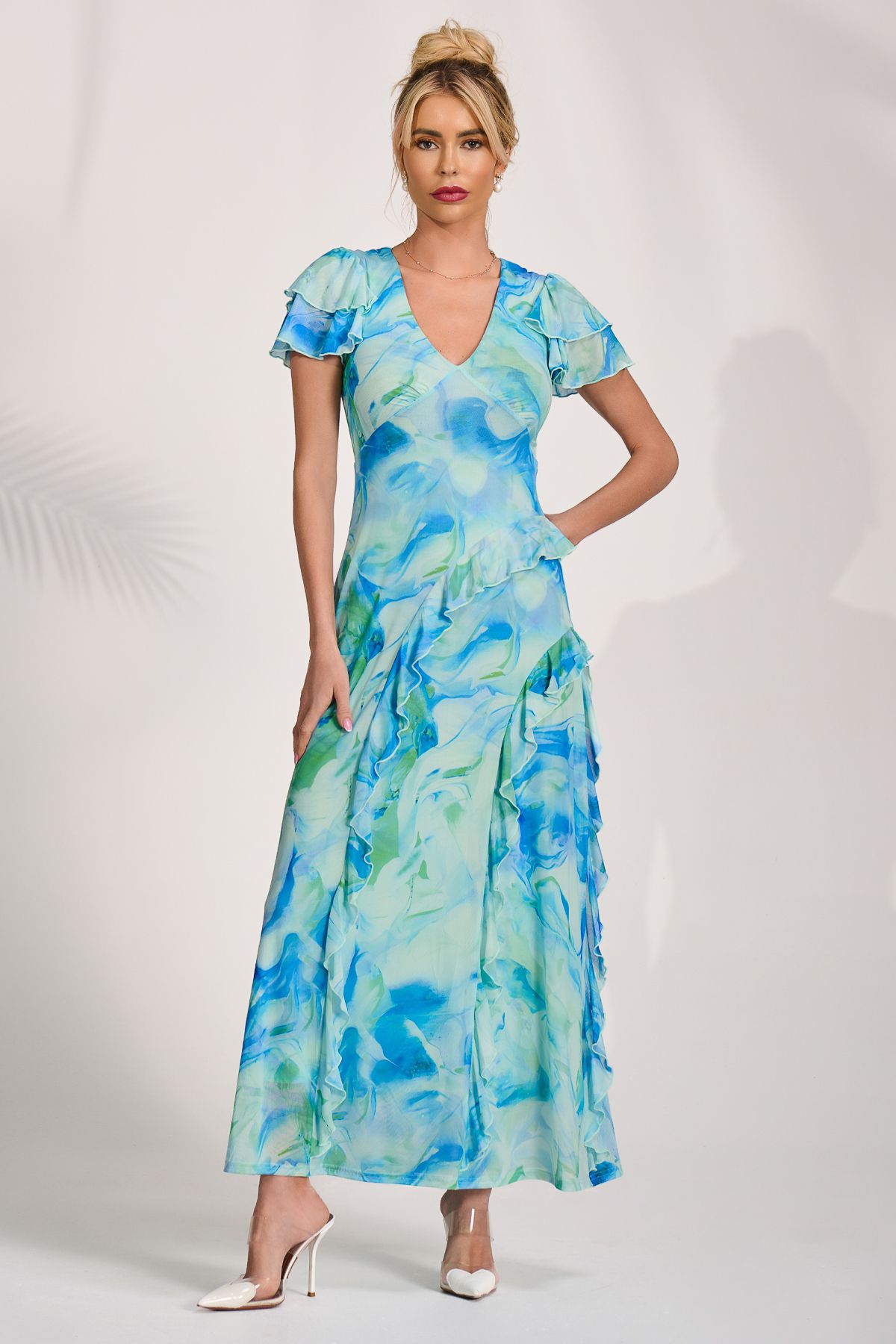 Jolie Moi Women's Cap Sleeve Ruffle Mesh Maxi Dress in Blue