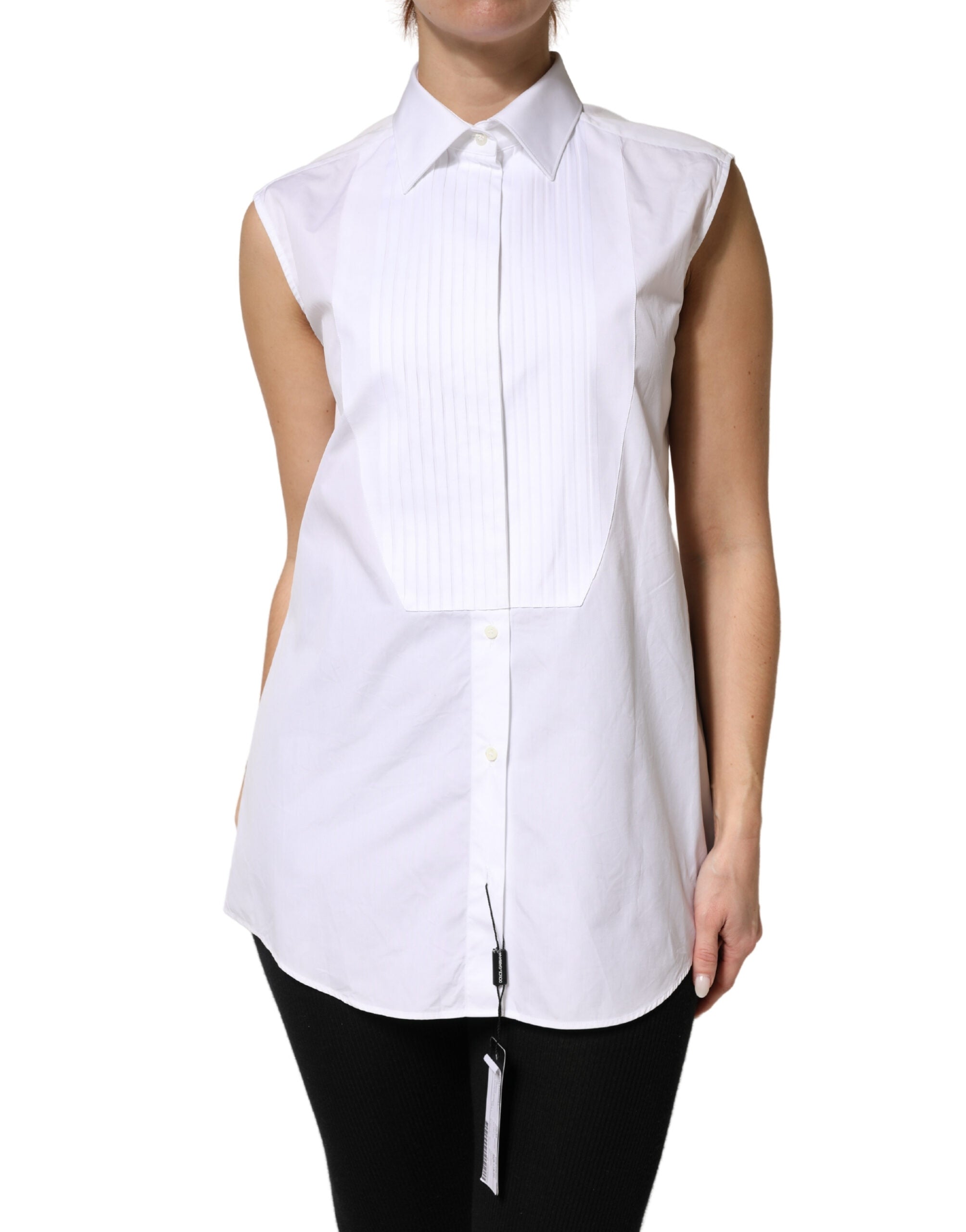 Cotton Pleated Bib Blouse — White