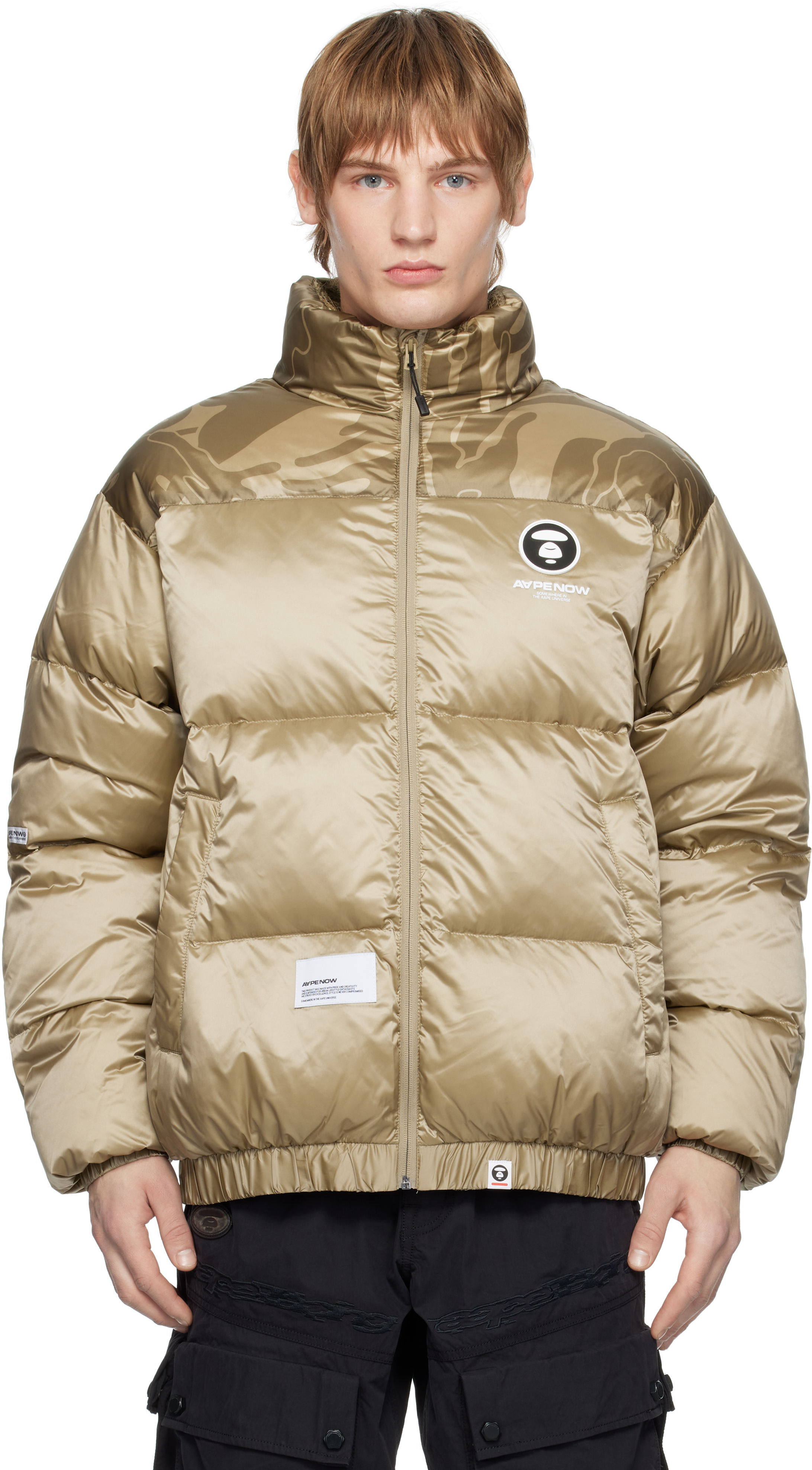 AAPE by A Bathing Ape Beige 'AAPE NOW' Moonface Logo Zip-Up Down Jacket