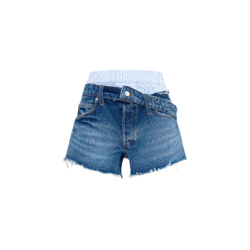 Layered Boxer Cotton Denim Bermuda Shorts — Blue