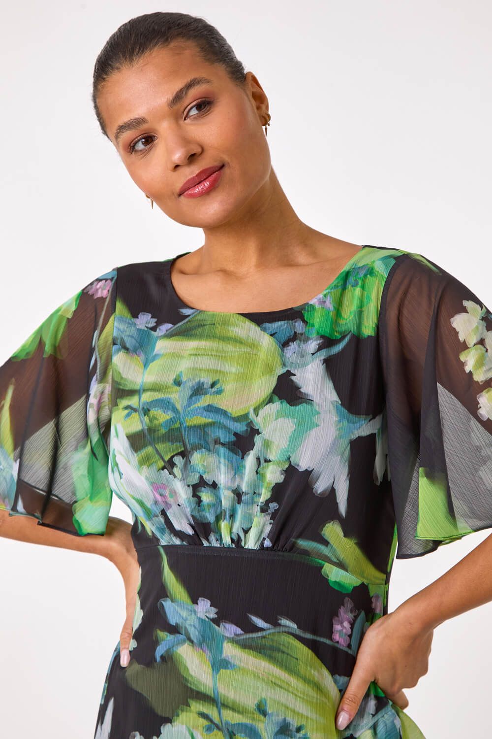 Roman Women's Botanical Floral Frill Dress in Green