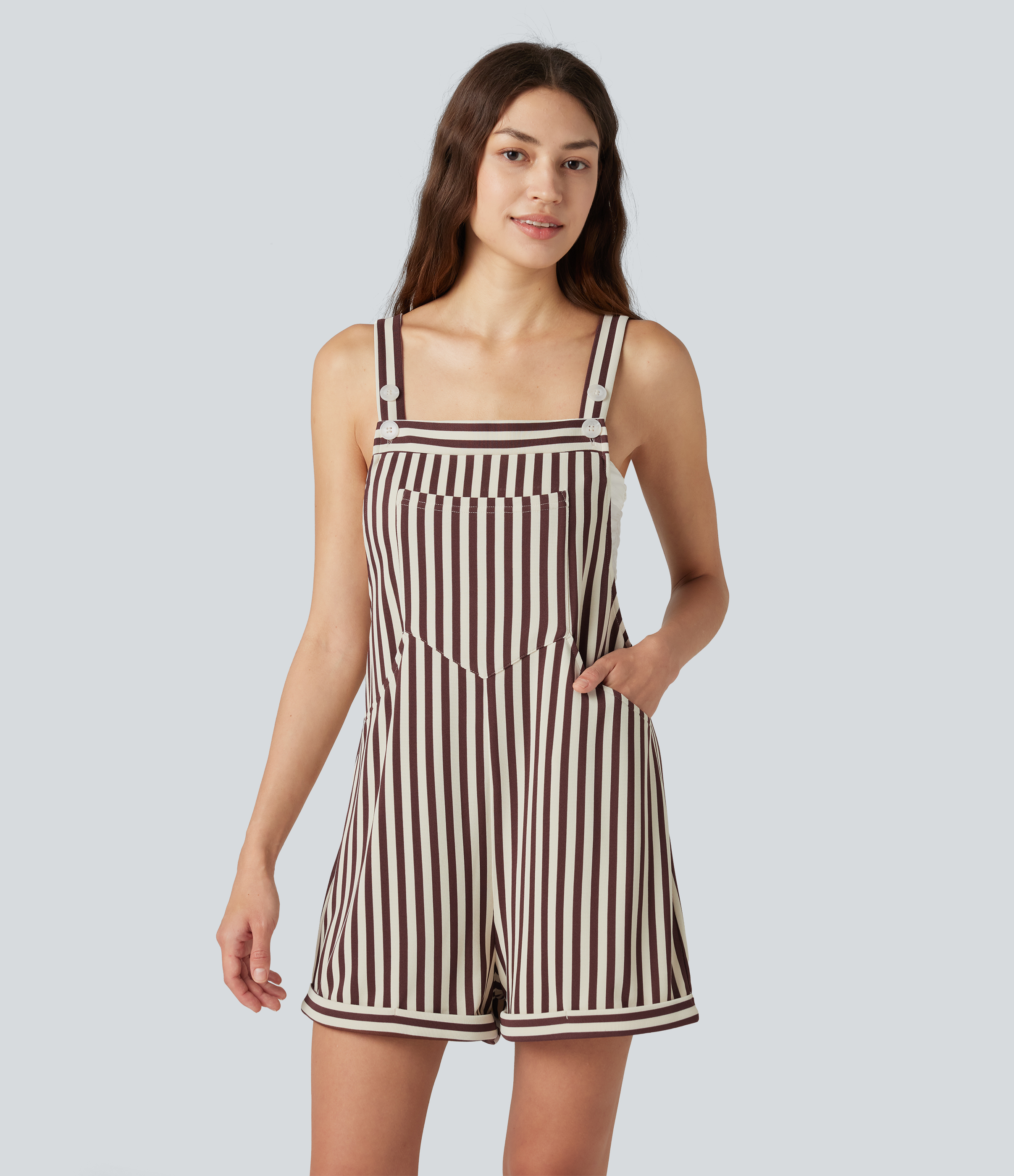 Pockets Stripe Waffle Short Overalls  - Khaki Brown Horizontal Stripe