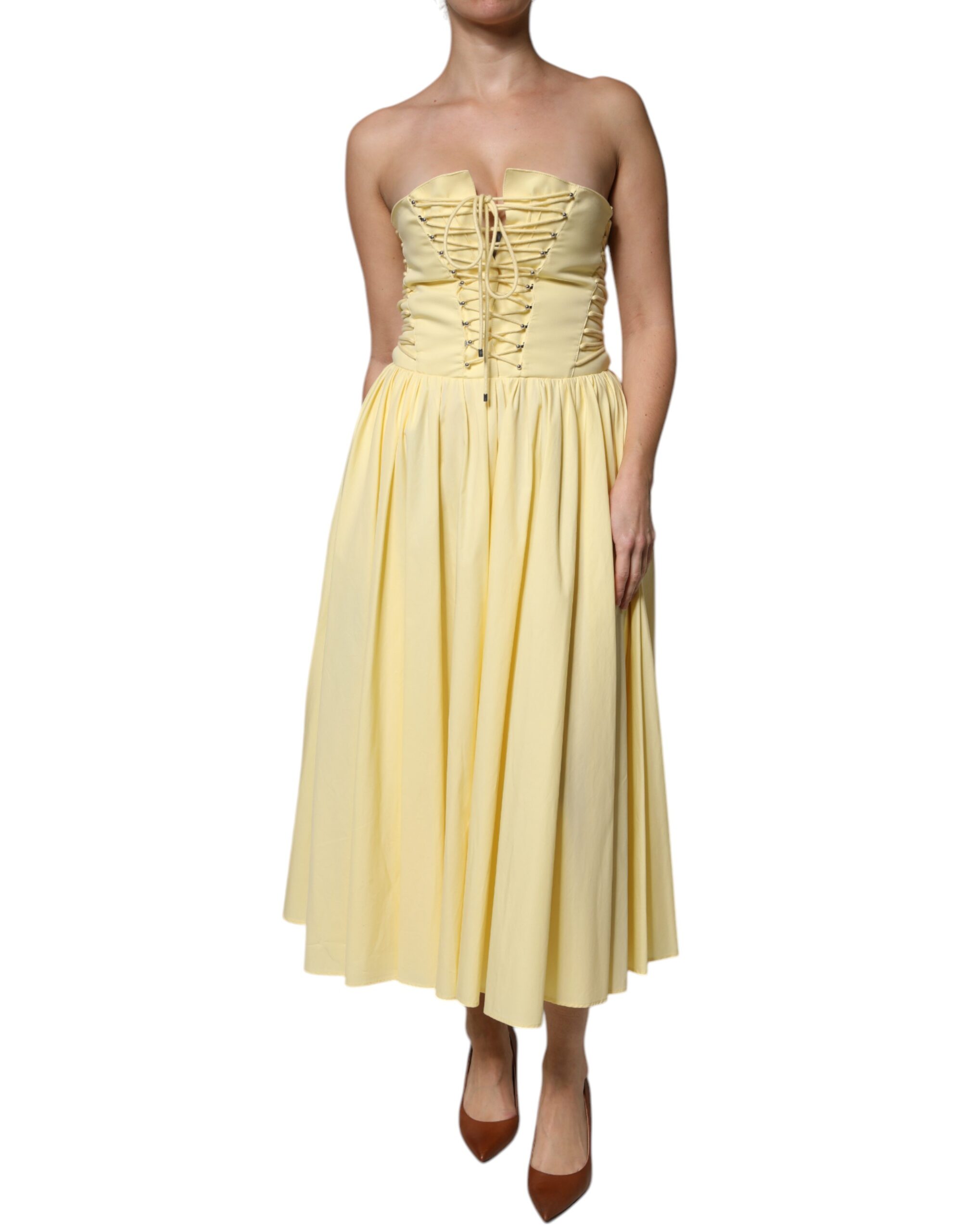 Philosophy Yellow Cotton Corset Midi Women's Dre