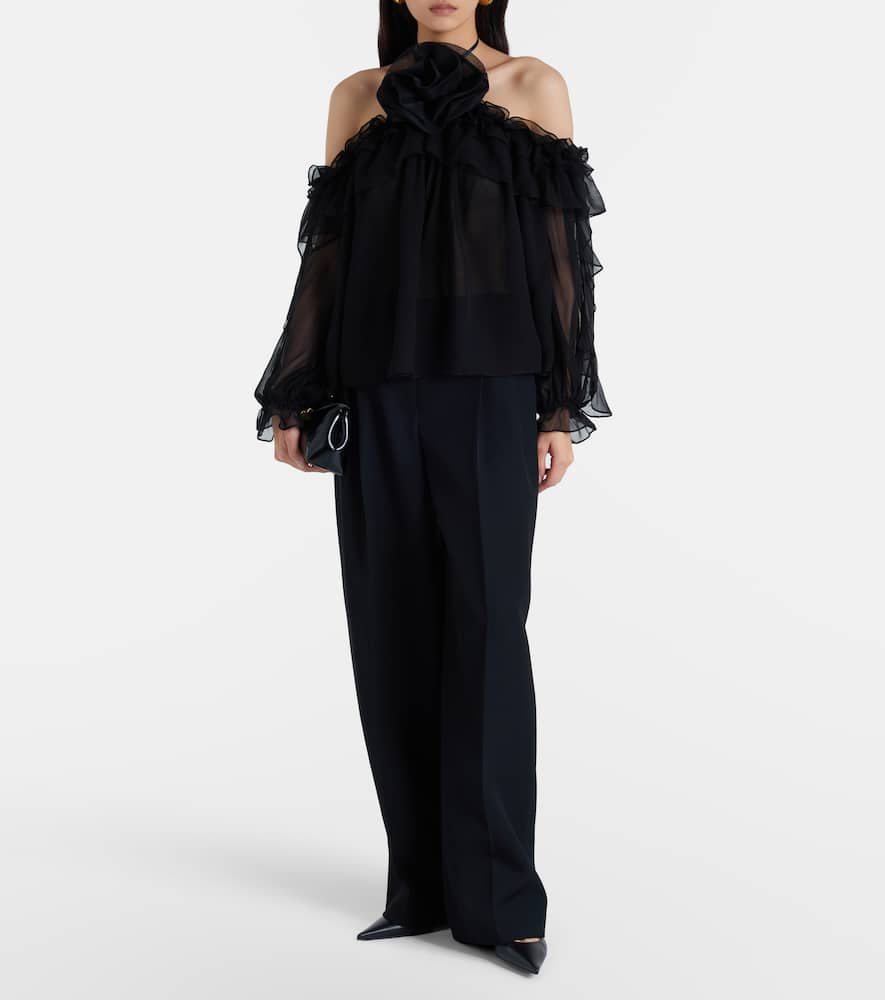 Floral-appliqué silk tulle top