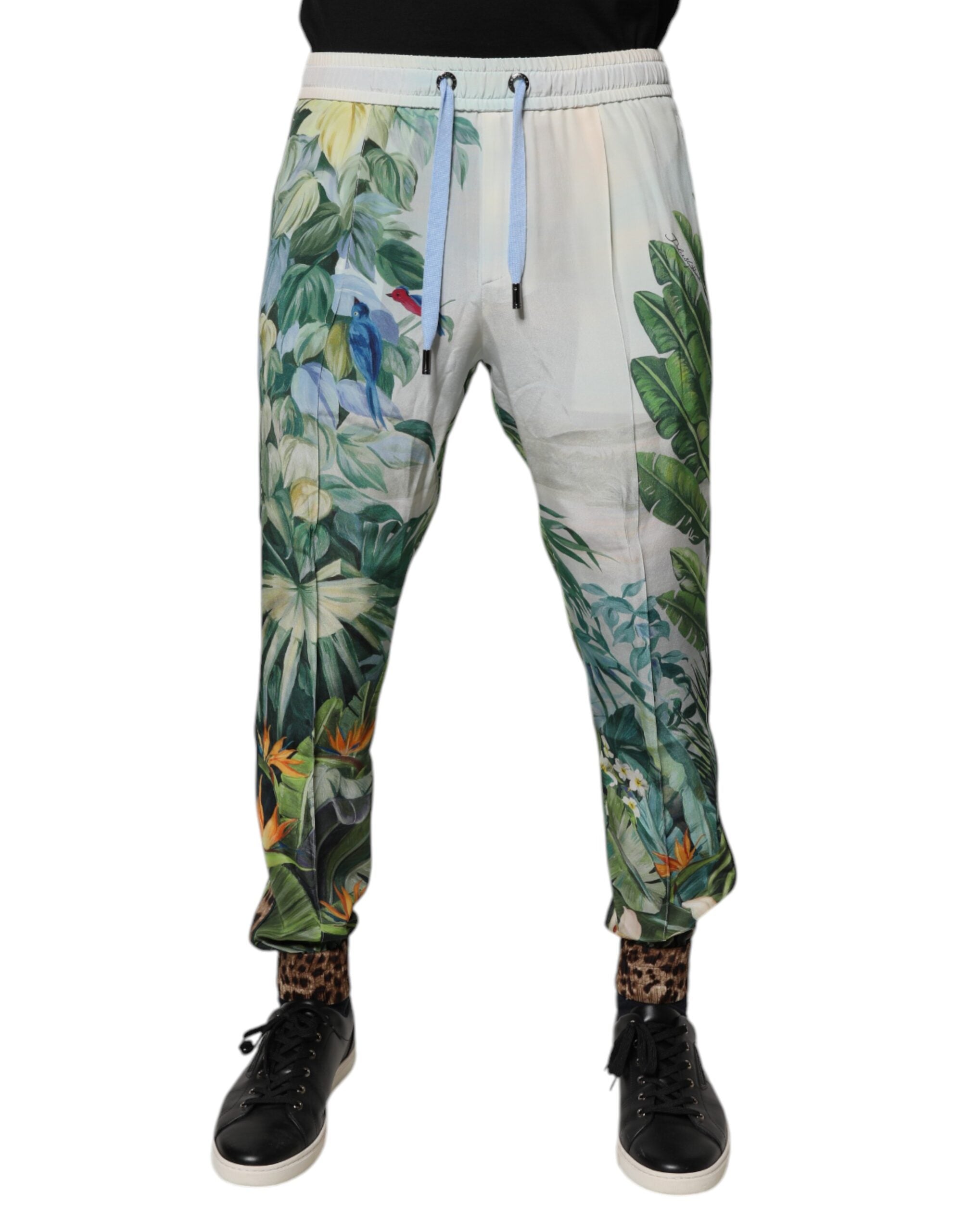 Tropical Print Silk Joggers — Multicolor