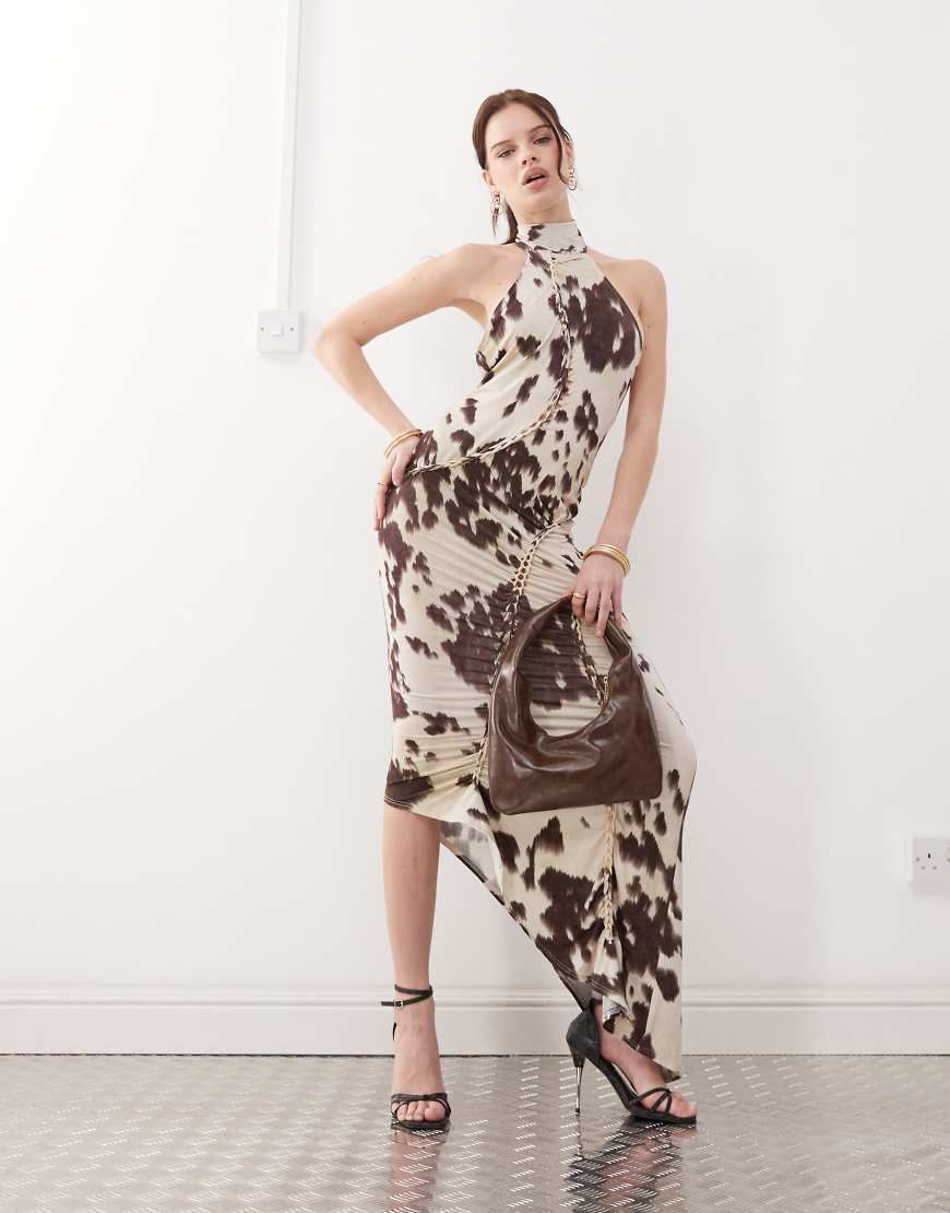 Slinky high neck asymmetric maxi dress in cow print-Multi