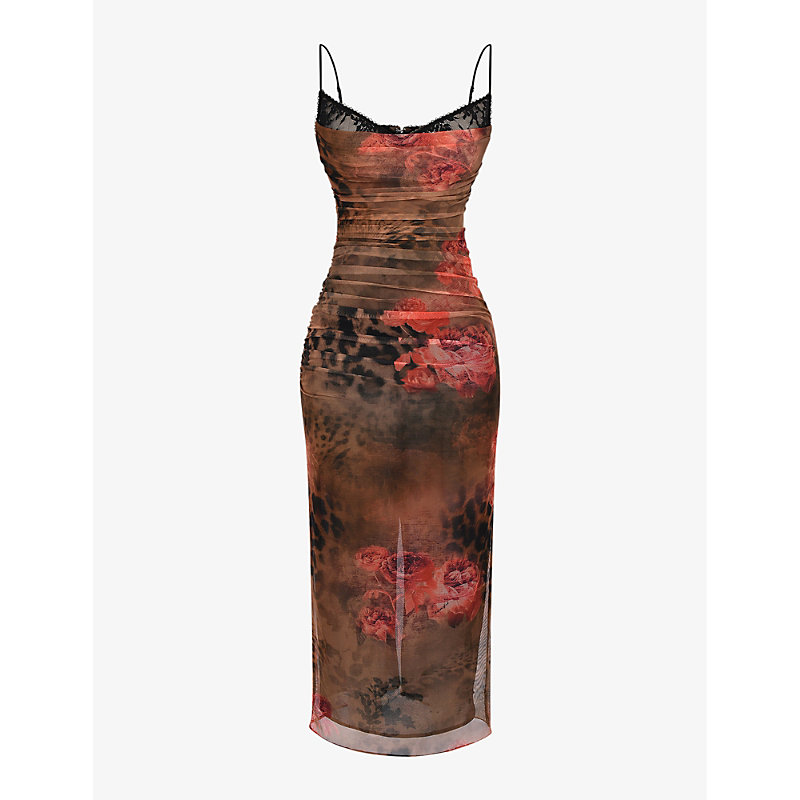 Womens Printed Nalini Floral and Leopard-print Stretch-mesh Midi Dress