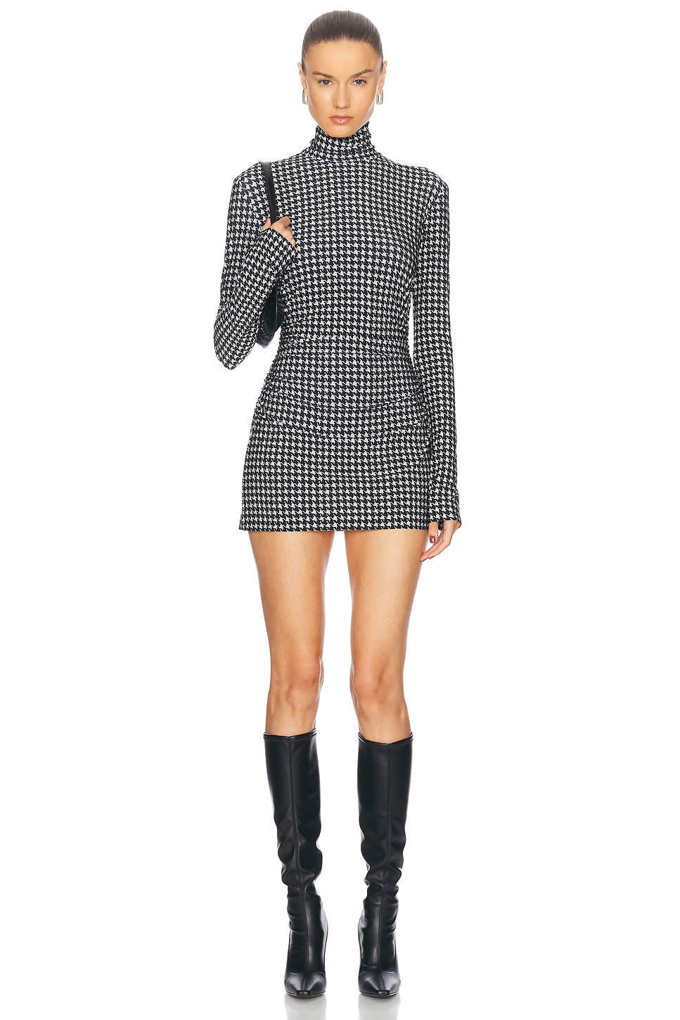 Norma Kamali Long Sleeve Turtleneck Pickleball Dress in Large Houndstooth - Black. M also in