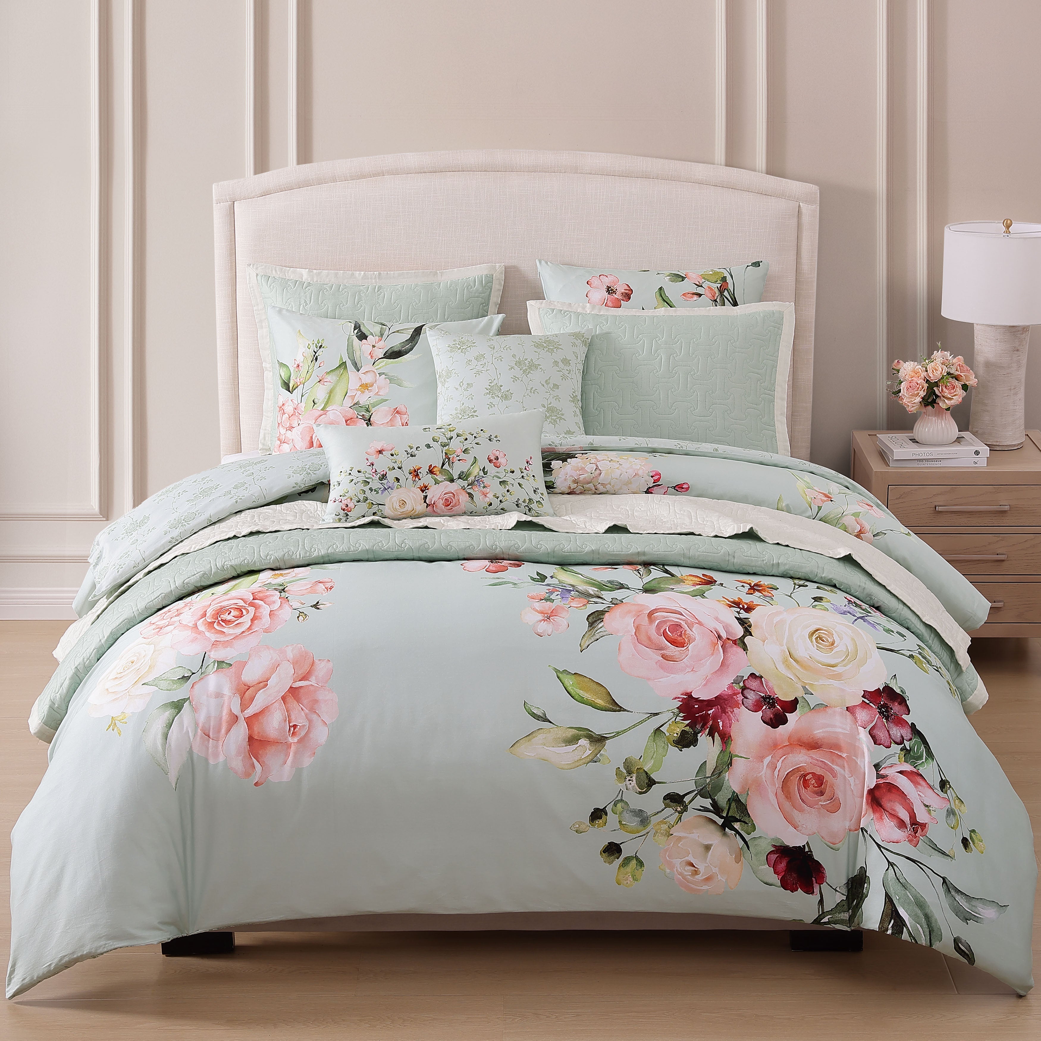 Rose on Misty Green 8 Piece Reversible Comforter & Coverlet Set