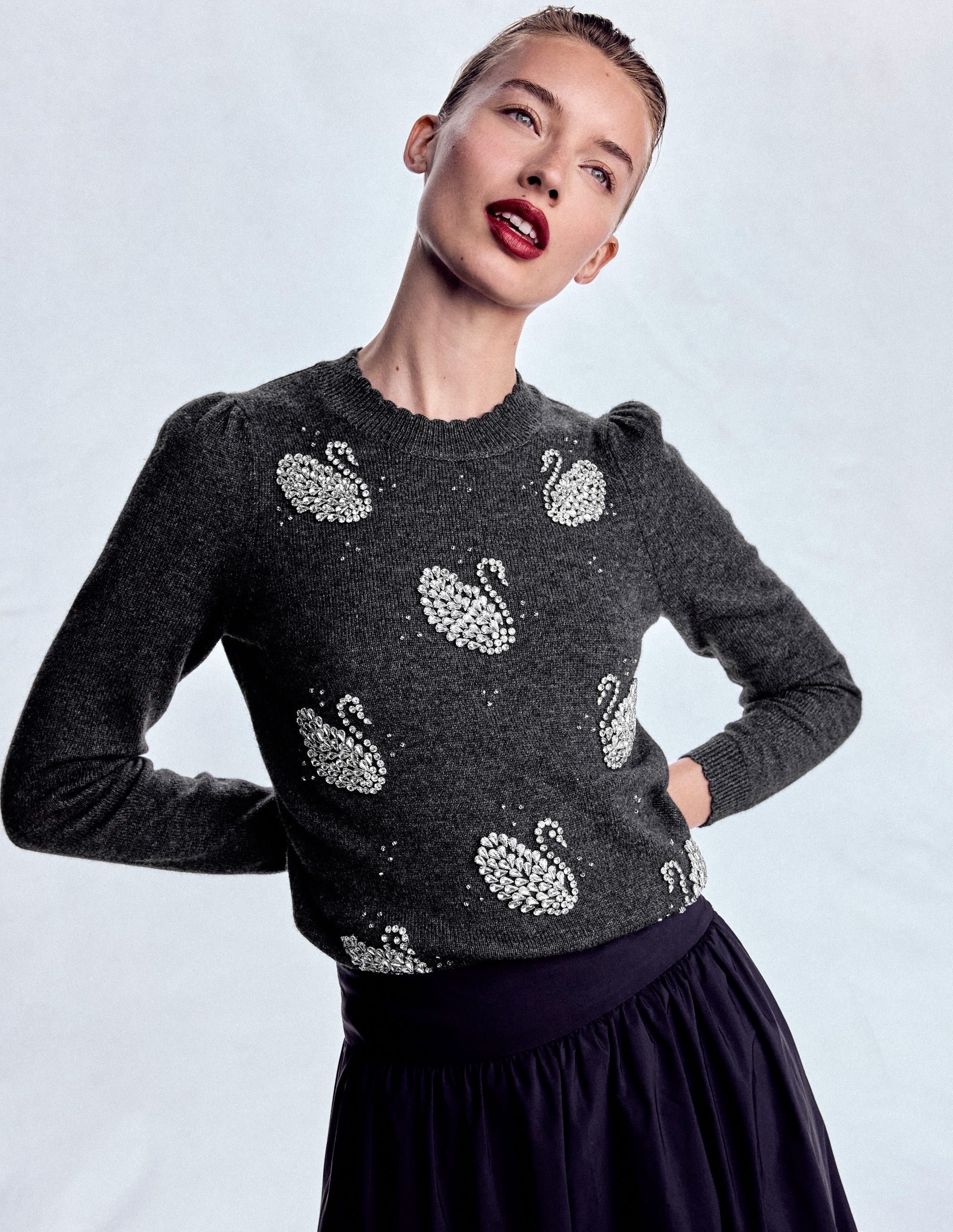 Elizabeth Embellished Sweater Charcoal Melange Swans