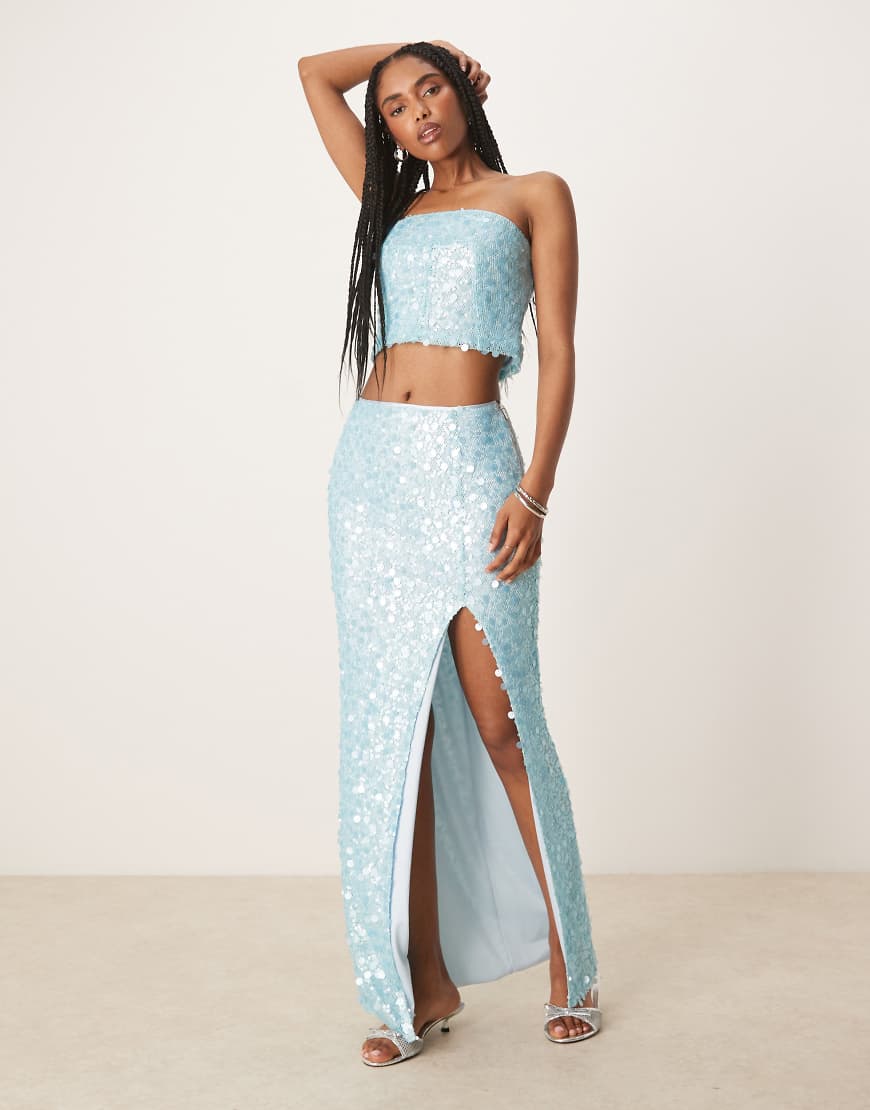 Paillette sequin maxi skirt in aqua blue - part of a set