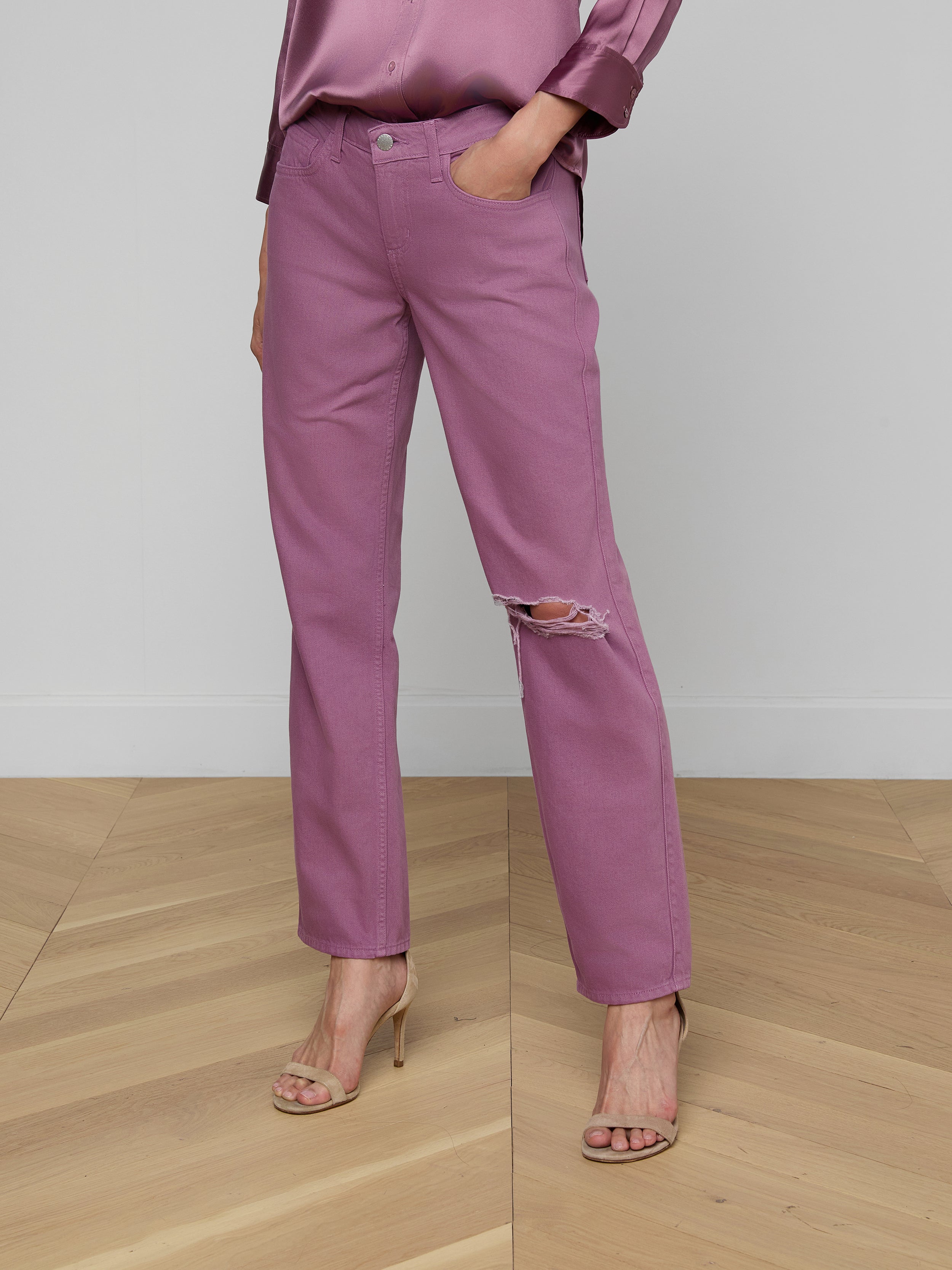 Nevia Slouchy Straight-Leg Jean In Dusky Orchid Destruct