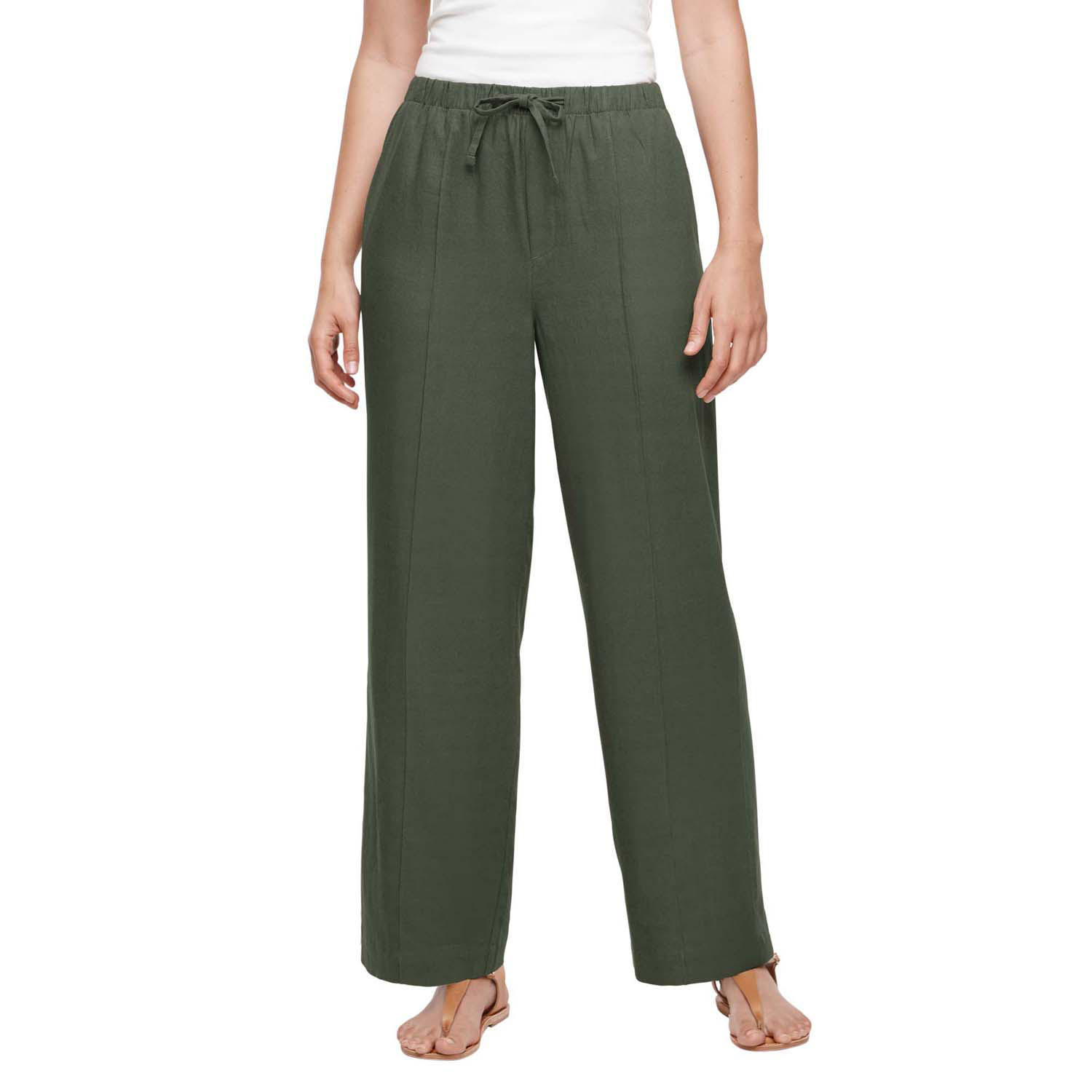 LINEN PULL ON PANT - OLIVE M:- Olive