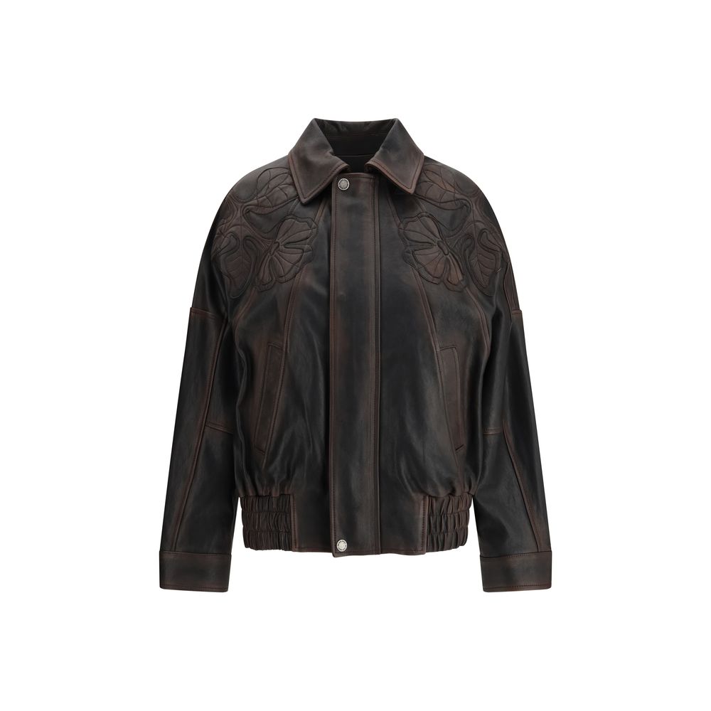 Laser-Cut Floral Embroidery Leather Jacket — Brown