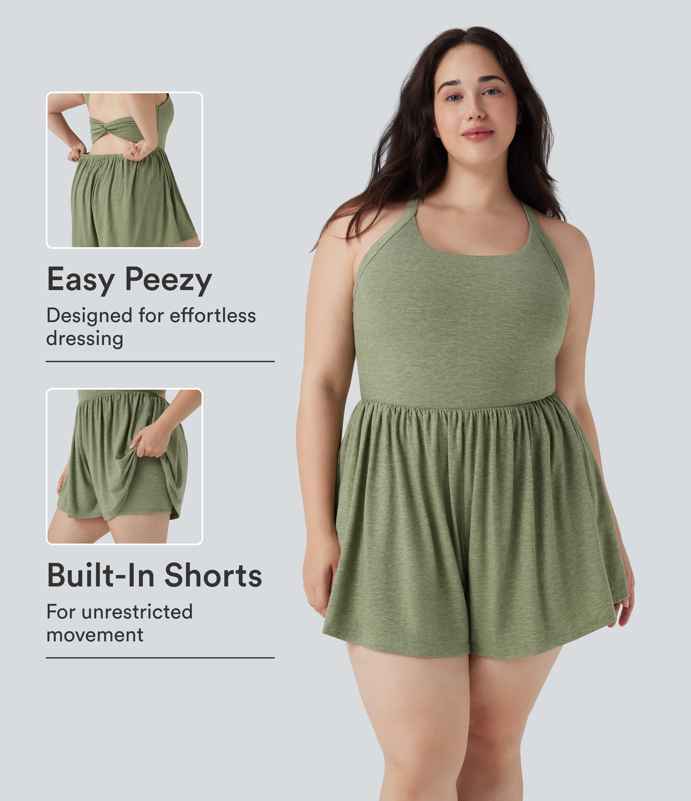 2-in-1 Plus Size Romper with Pockets-Easy Peezy Edition  - Light Green Floral Yarn