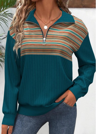 Modlily Turquoise Patchwork Multi Stripe Print Long Sleeve Sweatshirt