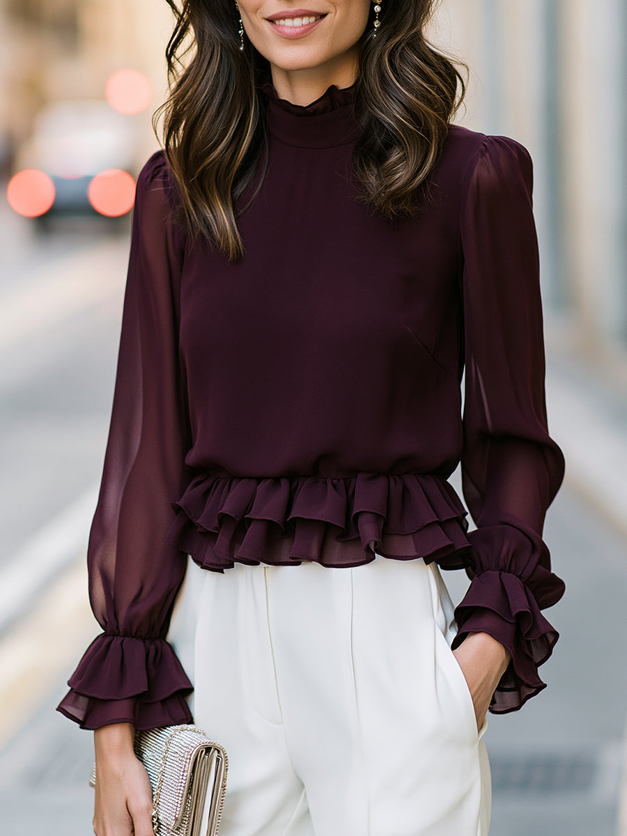 Ruffled Mock Neck Peplum Blouse - Dark Plum