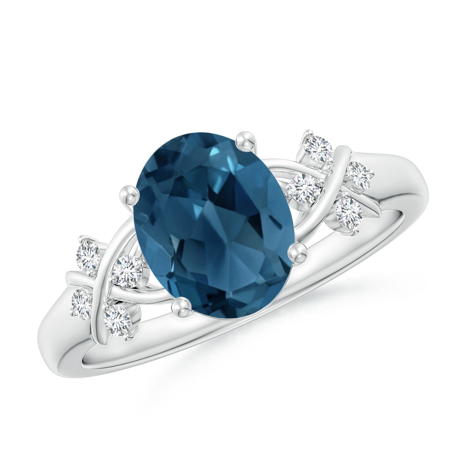 Angara 2.25 Carats Oval London Blue Topaz Criss Cross Ring with Diamonds in Platinum