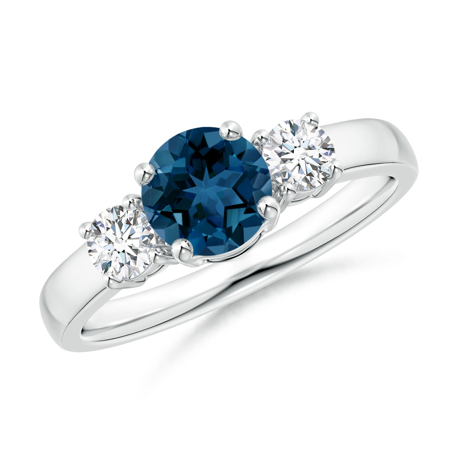 Angara 0.95 Carat Classic Round London Blue Topaz and Diamond Three Stone Engagement Ring in Silver