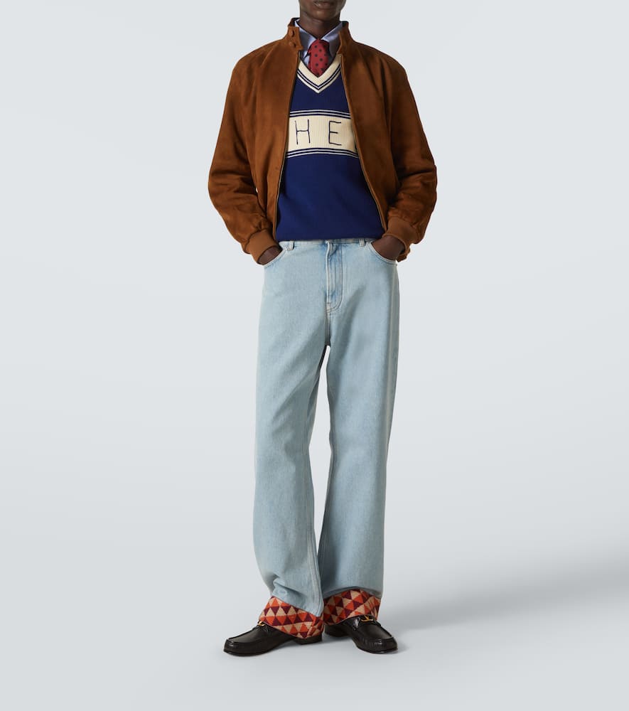 Jacquard-trimmed wide-leg jeans
