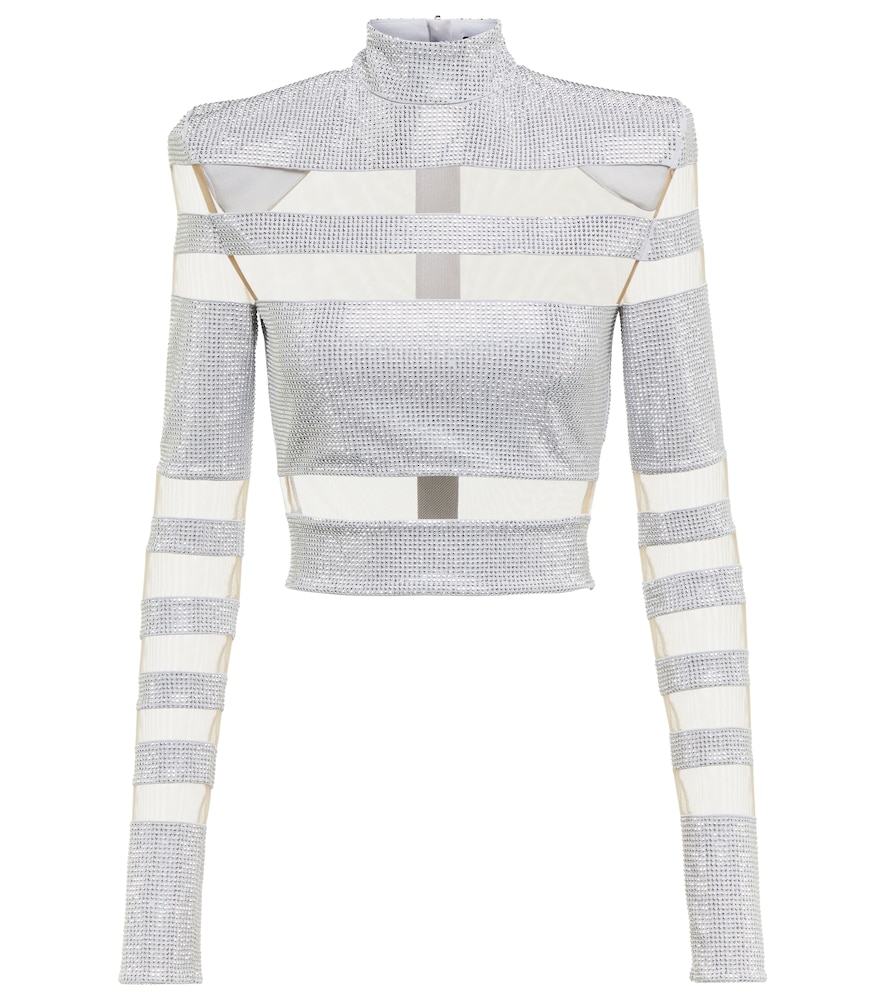 Mesh-paneled embellished top