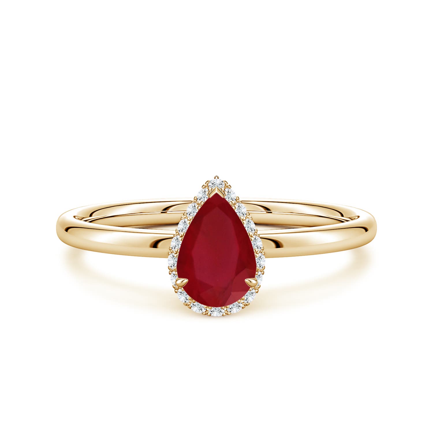 Angara 0.8 Carat Pear Ruby Engagement Ring with Angled Halo in 14K Yellow Gold