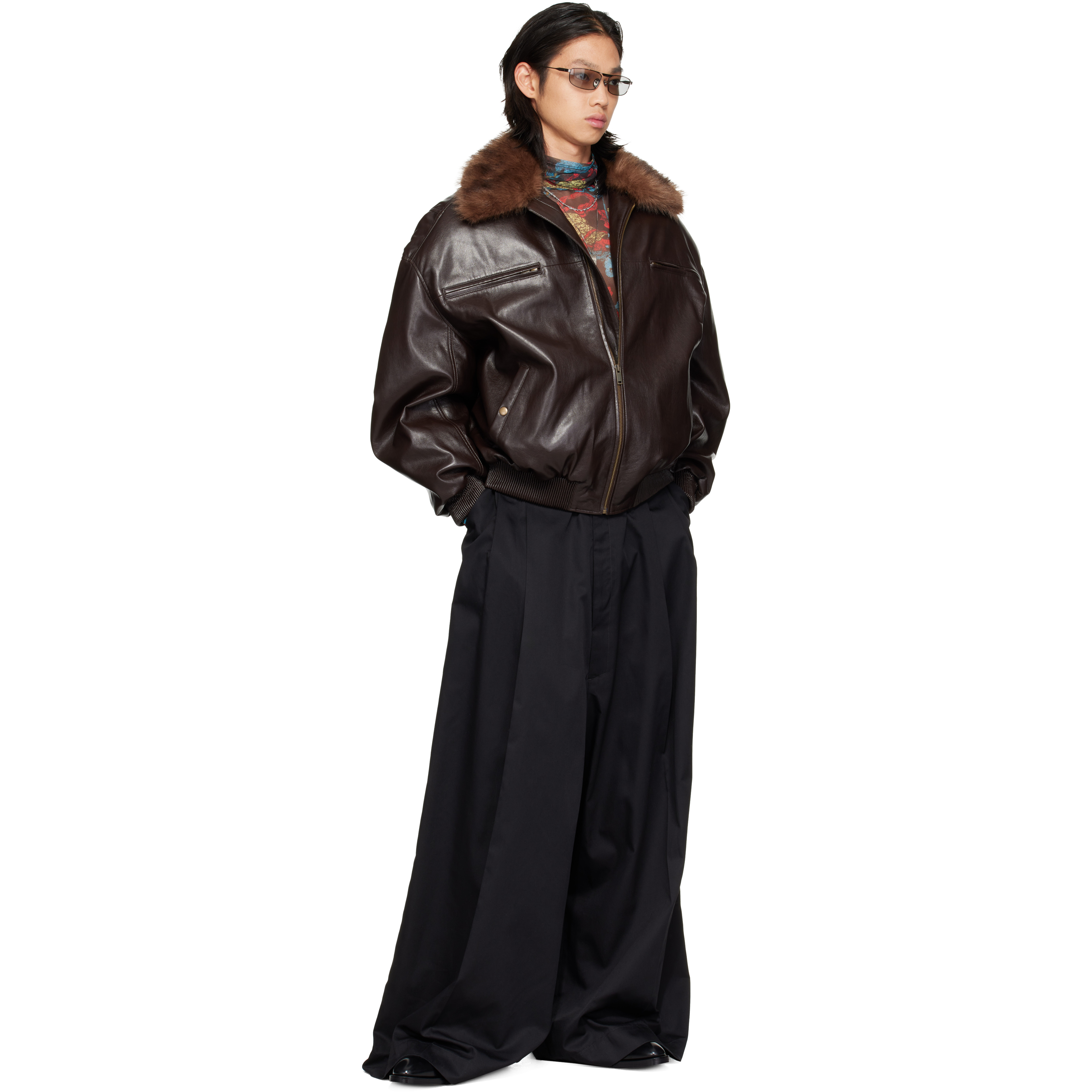 Brown Faux-Leather Cargo Flight Jacket