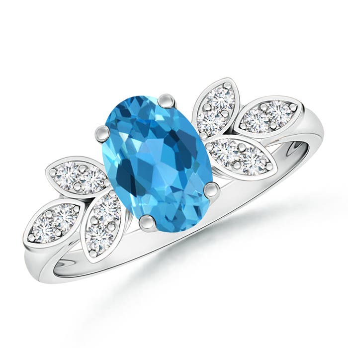 Angara 1.5 Carats Vintage Style Oval Swiss Blue Topaz Ring with Diamond Accents in Platinum