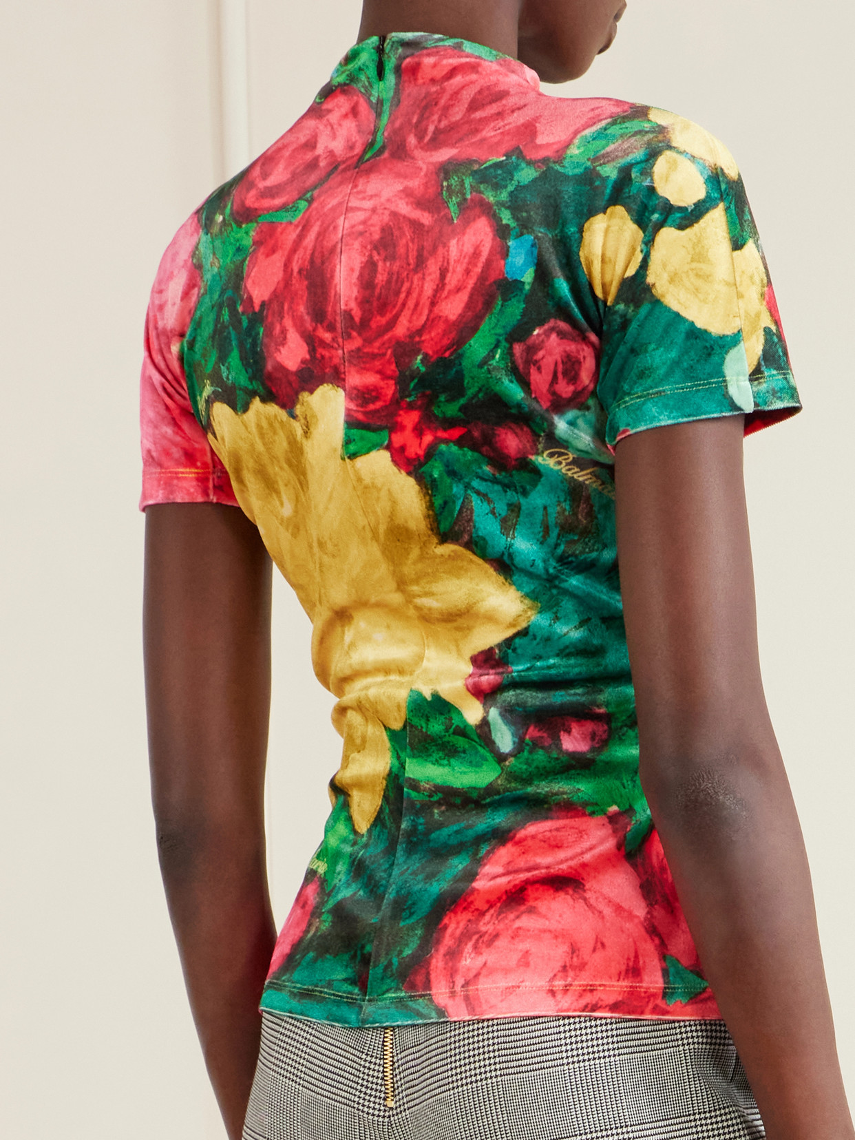 Embellished Floral-print Velvet T-shirt - Green