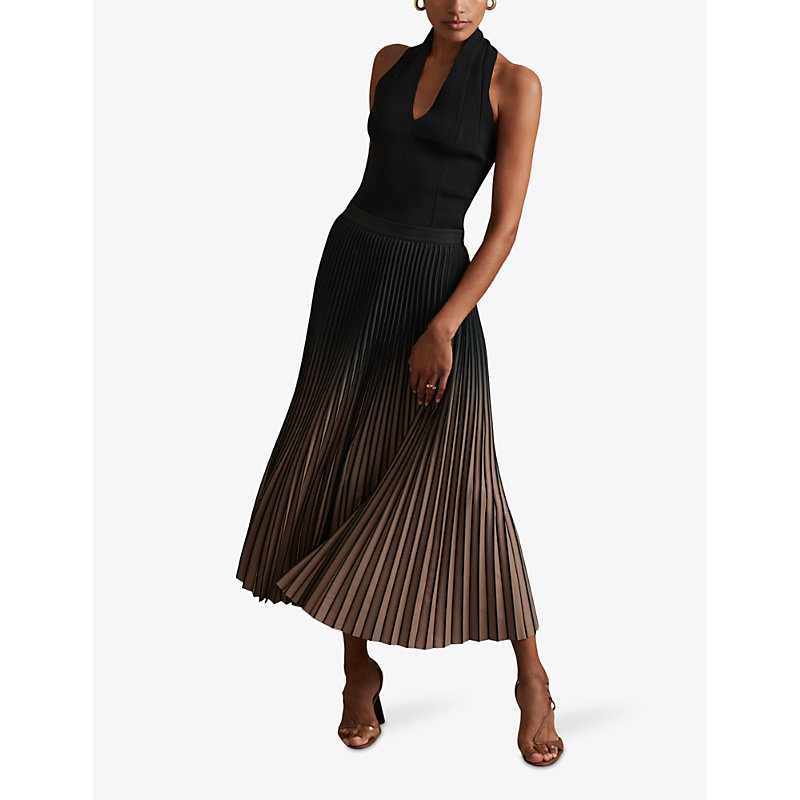 Womens Black/taupe Marlie Ombre-print Pleated Woven Midi Skirt