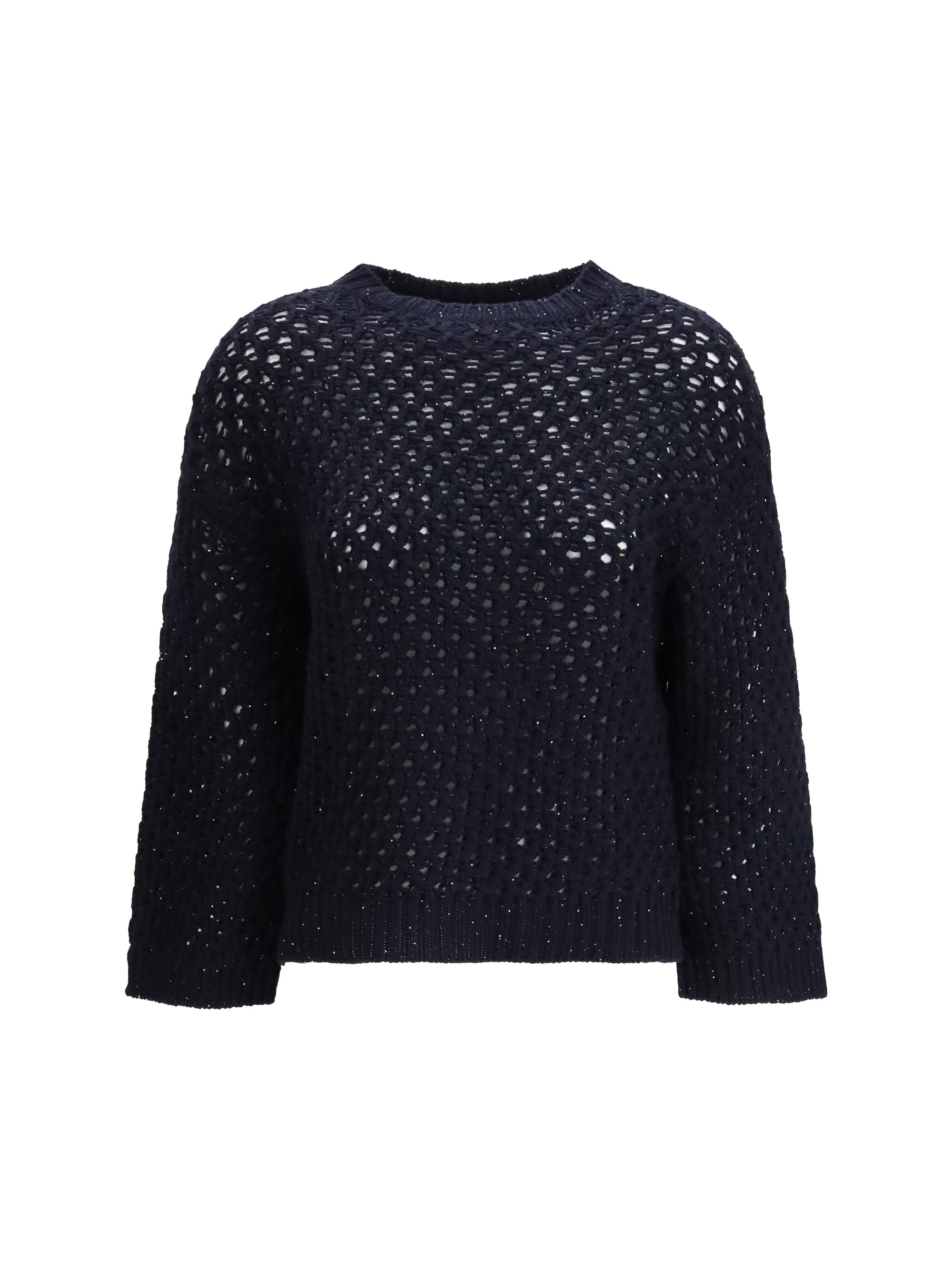 Sequin-Embellished Platinum Yarn Sweater — Navy