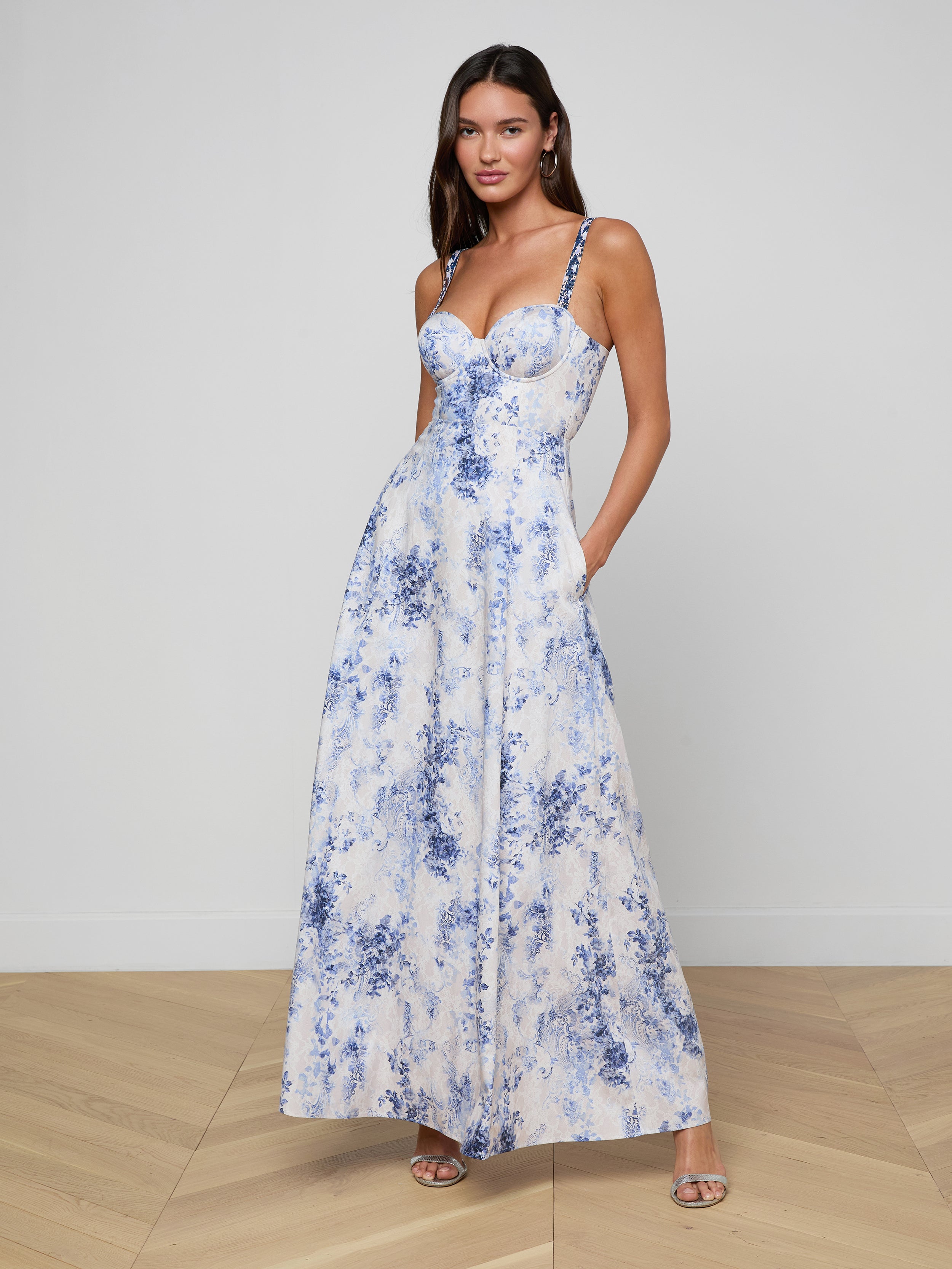 Sutton Beaded Strap Gown In Ivory/blue Watercolor Lace Paisley