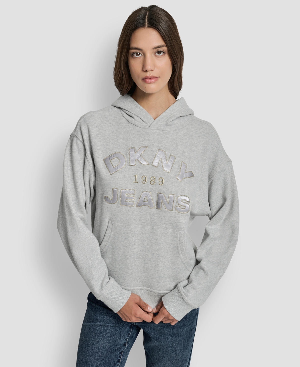 Women's Applique Chainstitch Logo Hoodie - Smoke Grey Heather/champagne