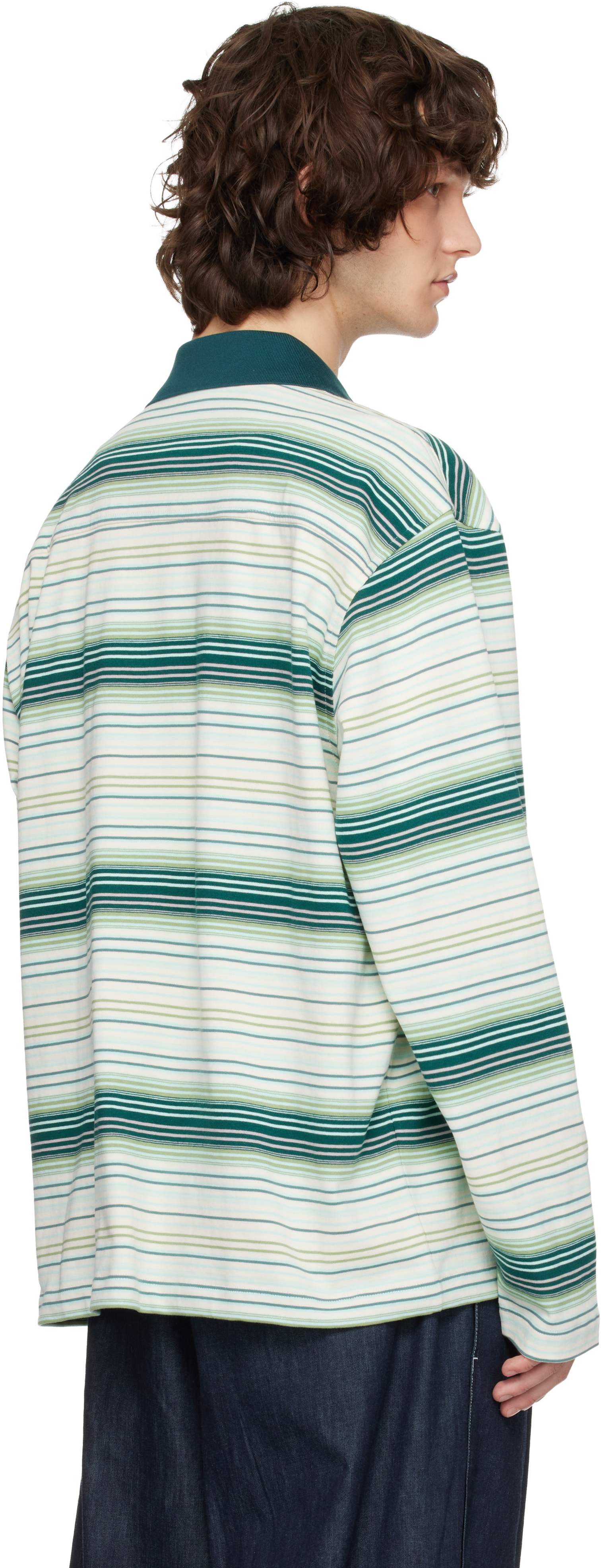 Green Striped Drawstring Collar Neck Long Sleeve Polo