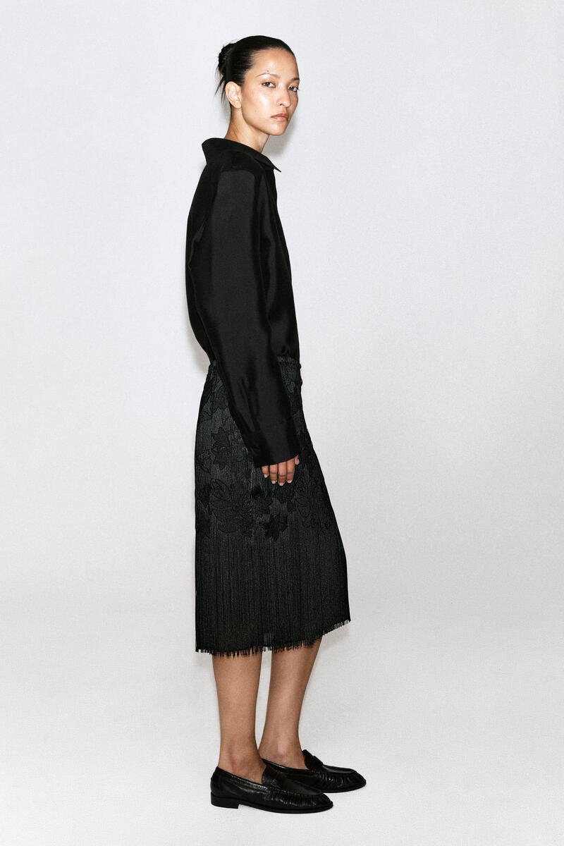 Embroidered Fringed Midi Skirt