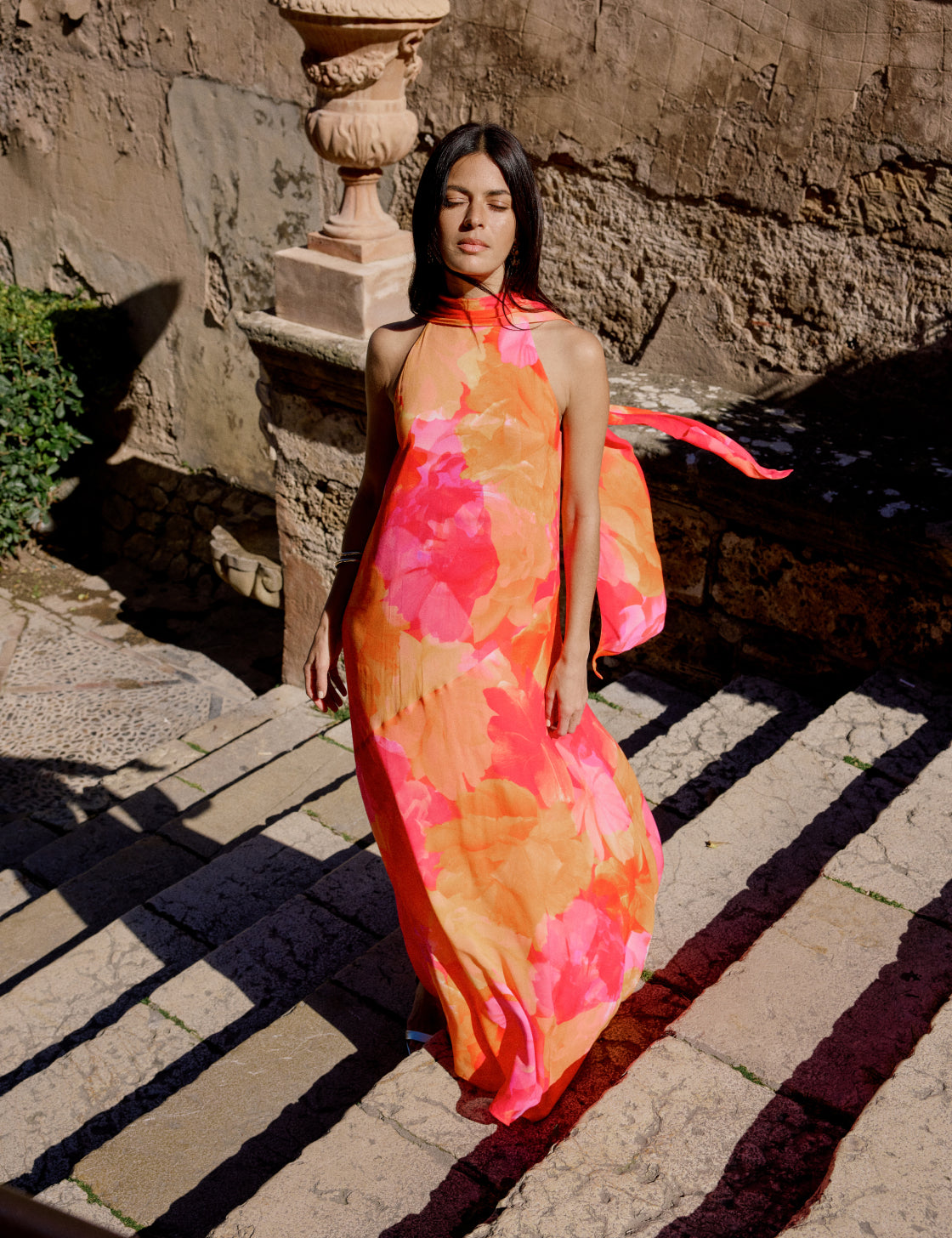Pink and Orange Floral Halterneck Nala Maxi Dre