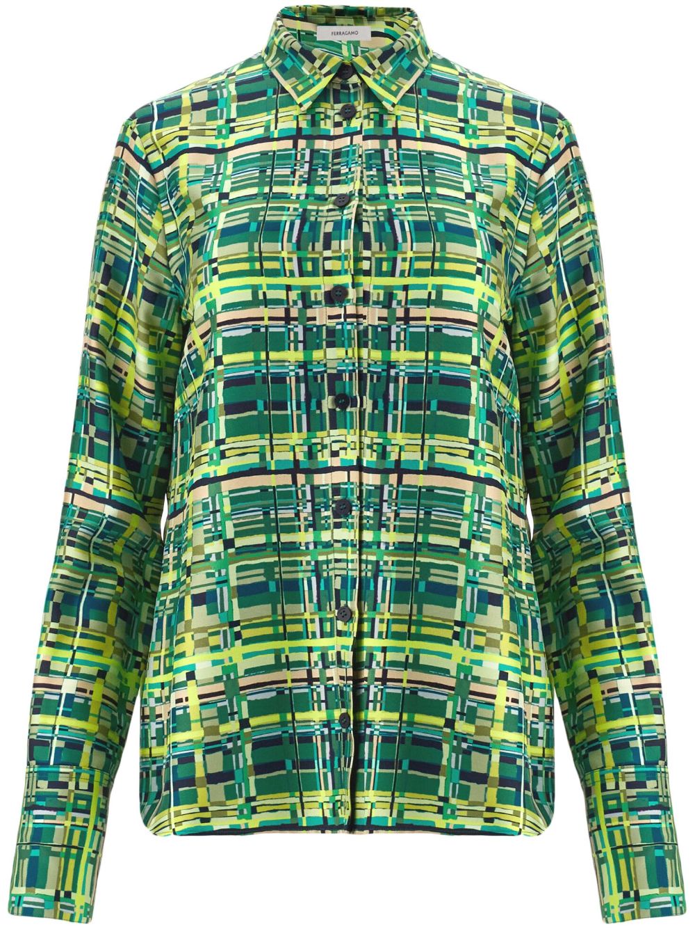 Long-sleeved checkered silk shirt - Green