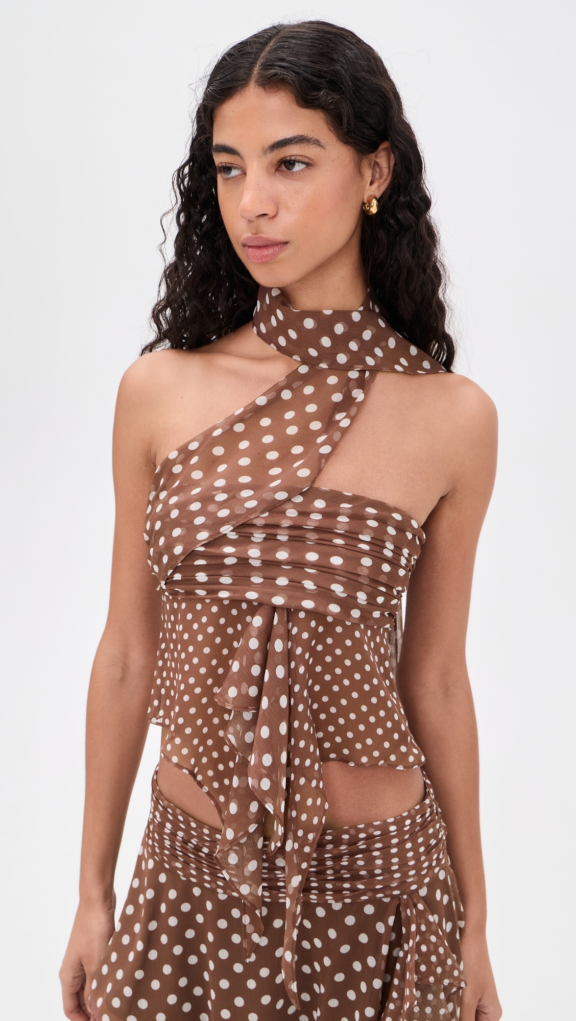 Crinkled Dot Chiffon Wrap Top Espresso