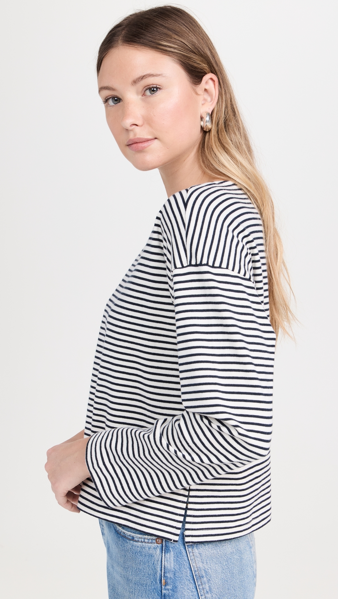 Macy Long Sleeve Tee Ivory Navy Micro Stripe
