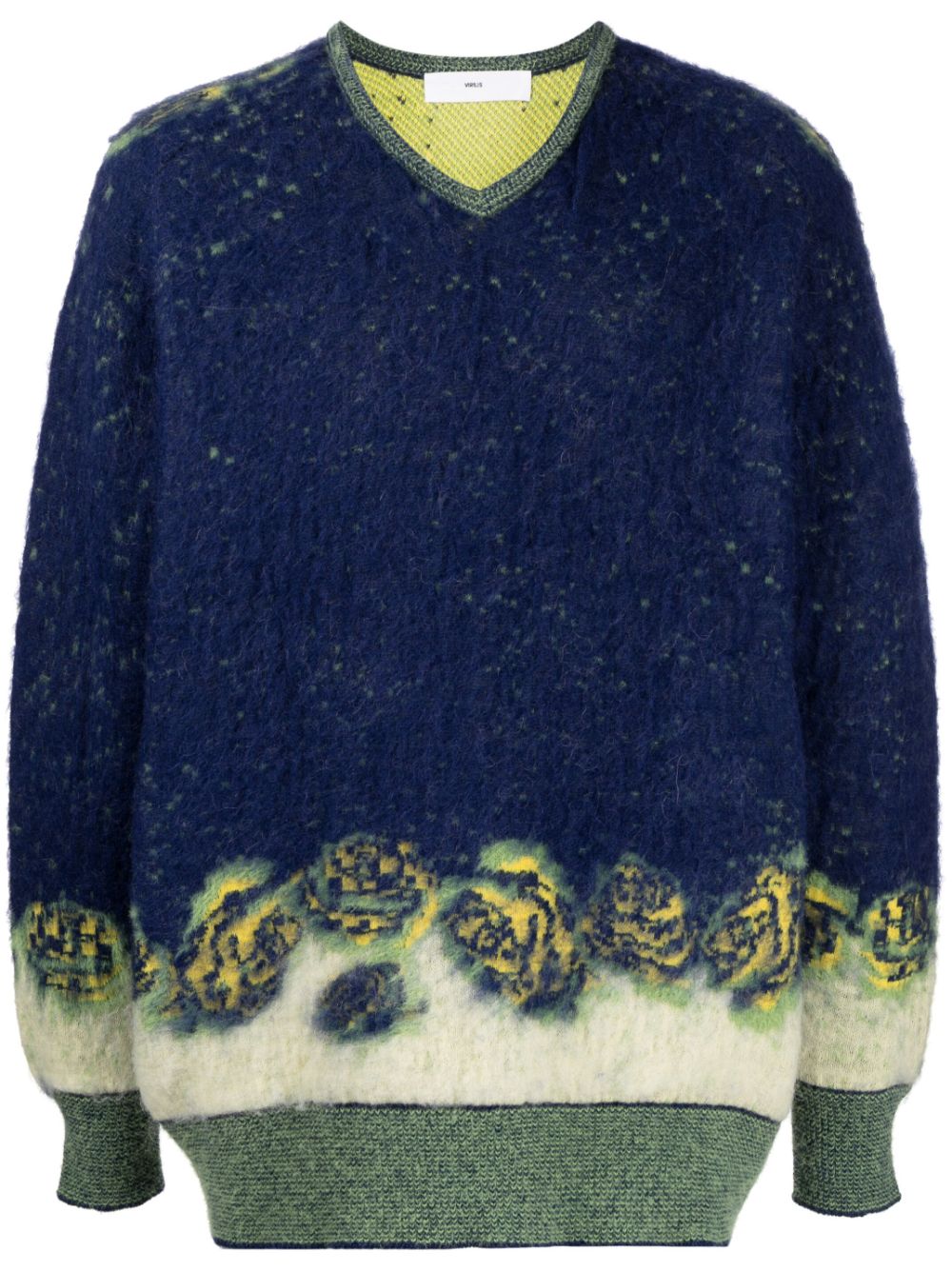 V-neck patterned intarsia-knit sweater - Blue