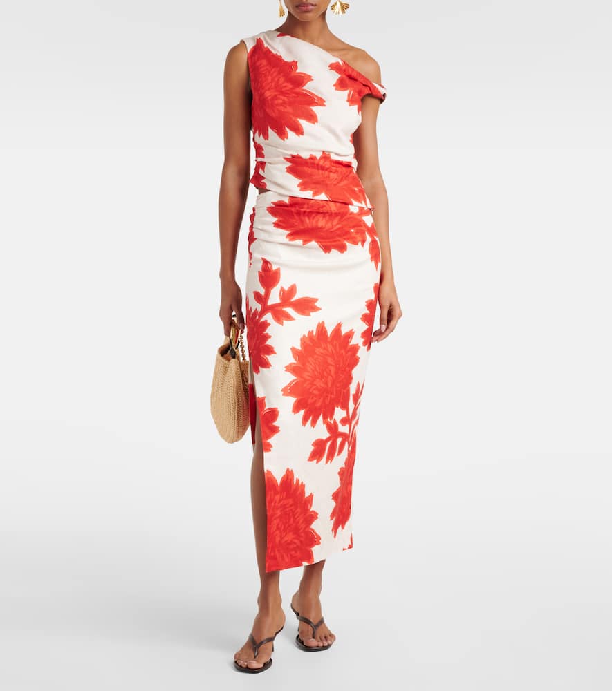 Floral linen midi skirt