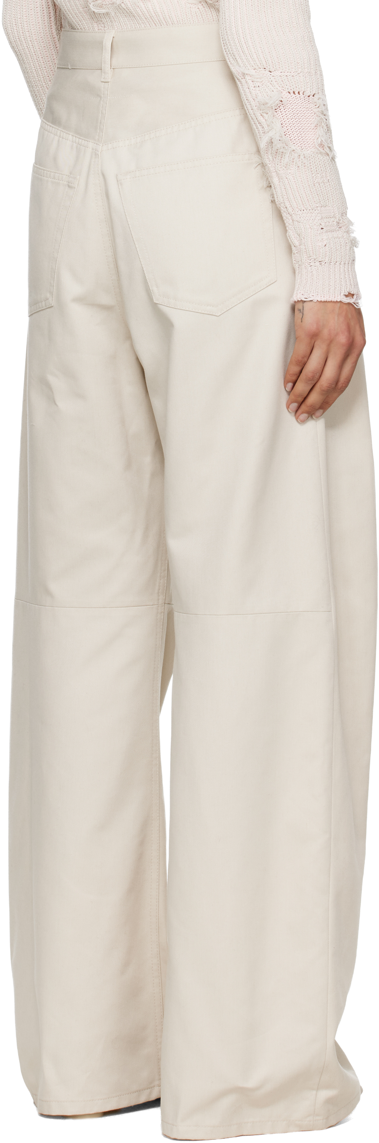 Beige Wide Leg Twill Trousers