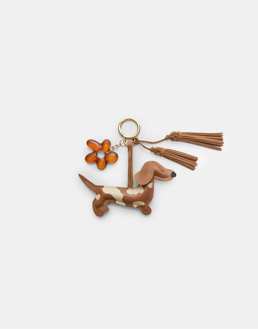 Dog and flower charm keyring in brown