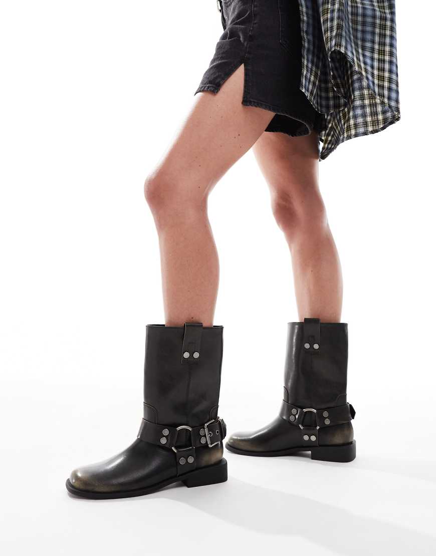ASOS DESIGN Arley burnished flat biker boots in brown