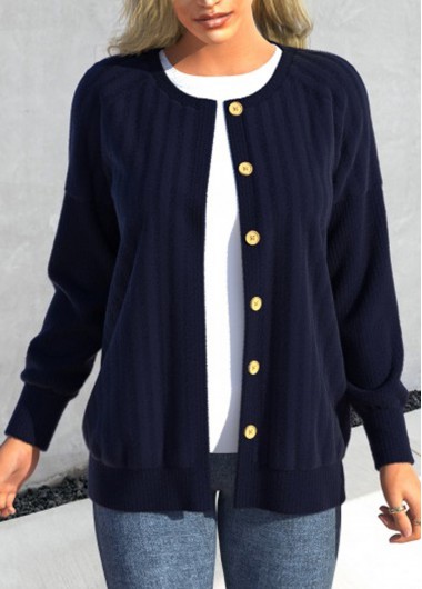 Modlily Blue Button Long Sleeve Round Neck Coat