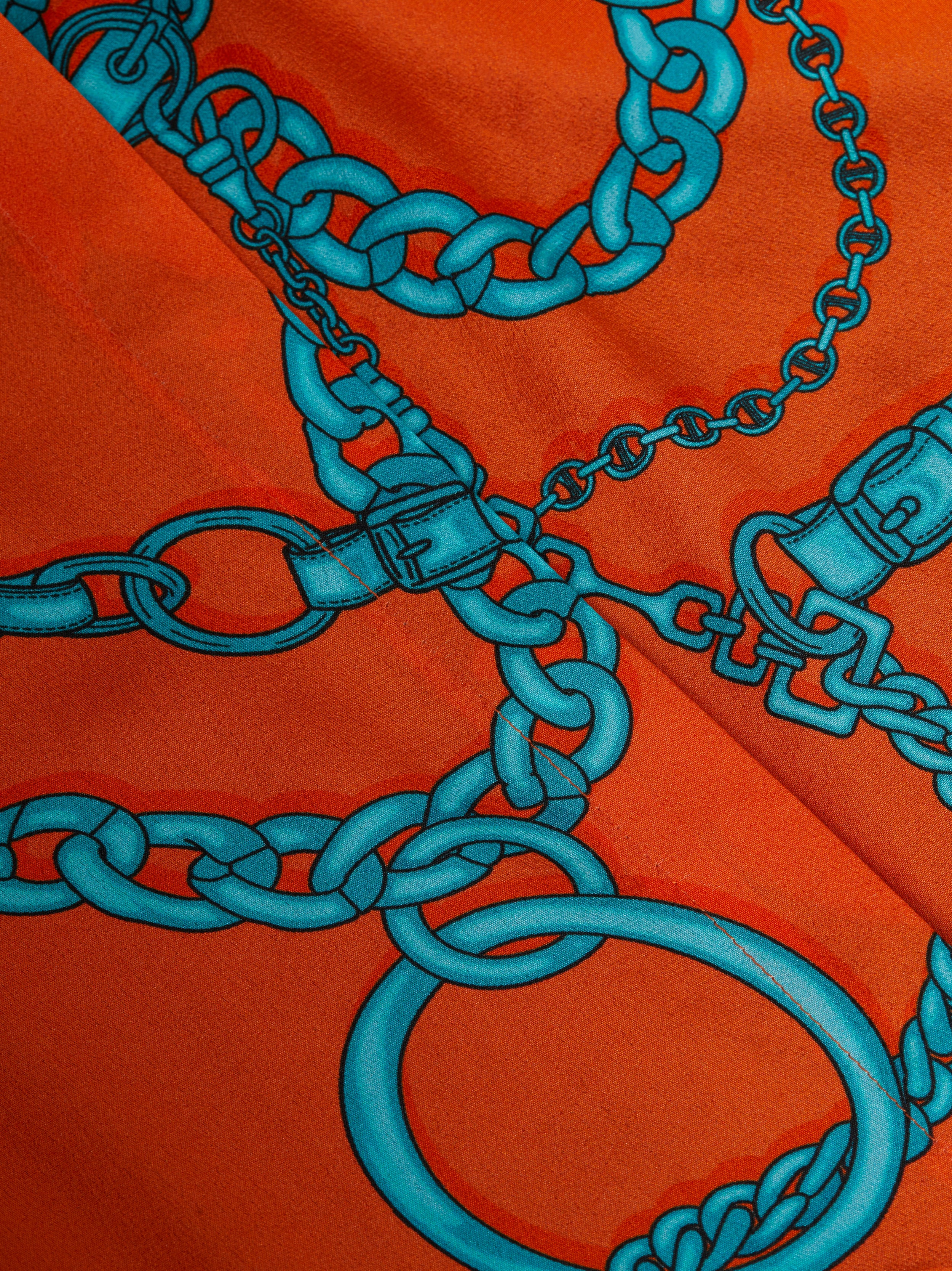 Cameron Silk Shirt Dress In Orange/Teal Buckle Chain