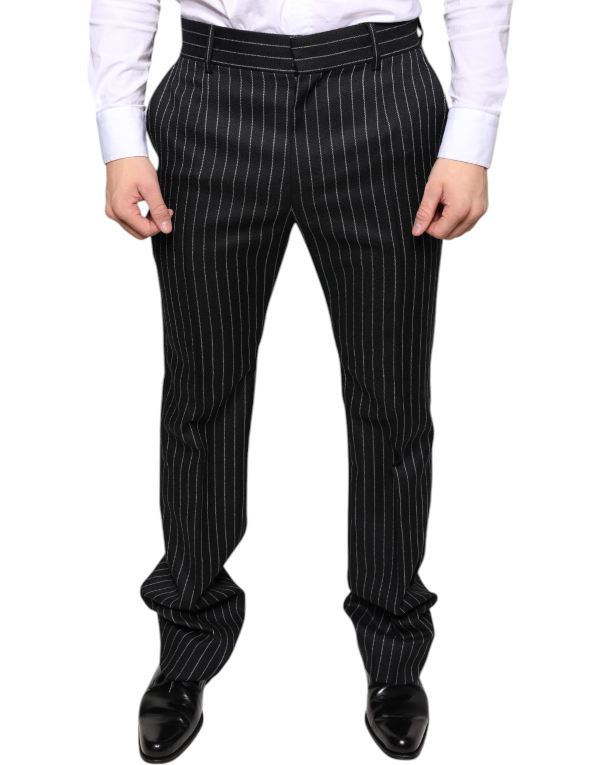 Pinstriped Wool-Blend Trousers — Black