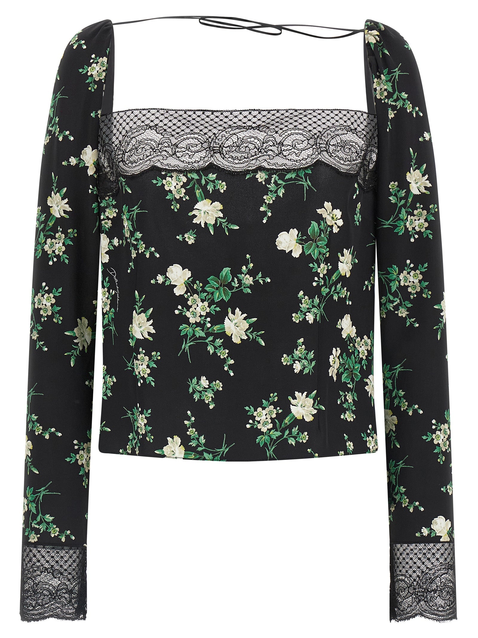 Floral Silk with Lace Trim Blouse — Black