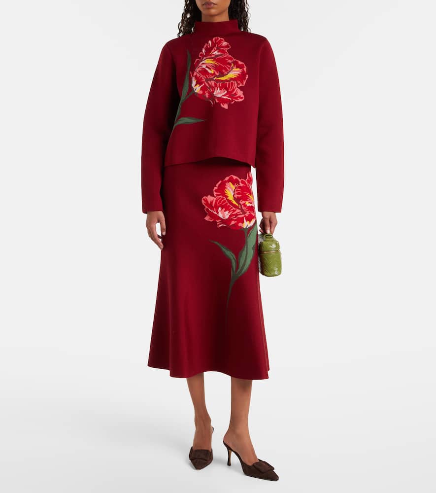Floral jacquard cotton and wool midi skirt