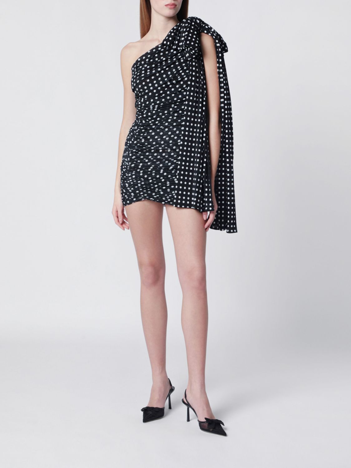 One Shoulder Drapped Dres Night Blue Polka Dots